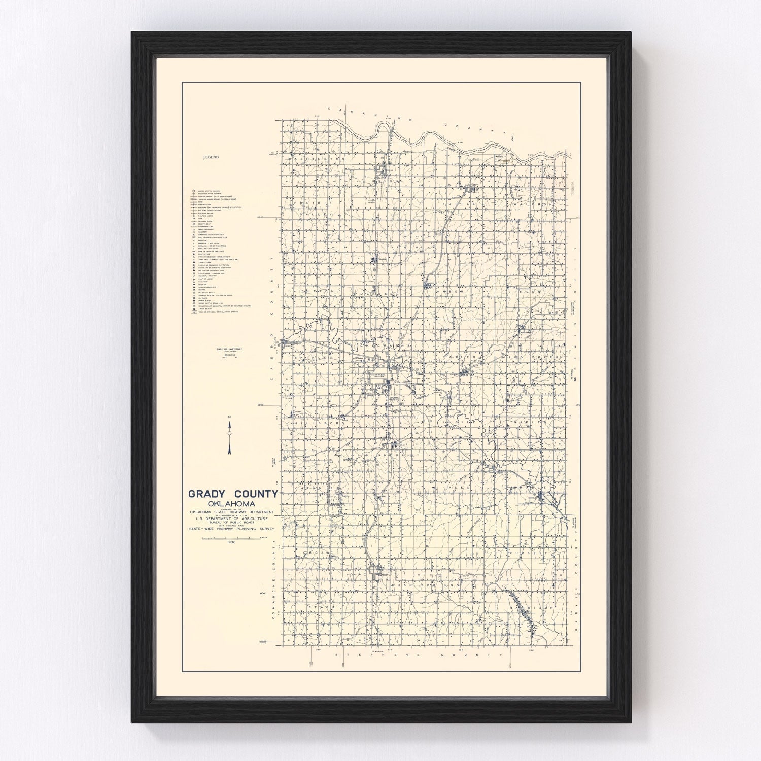 Vintage map of Grady County, Oklahoma, 1936