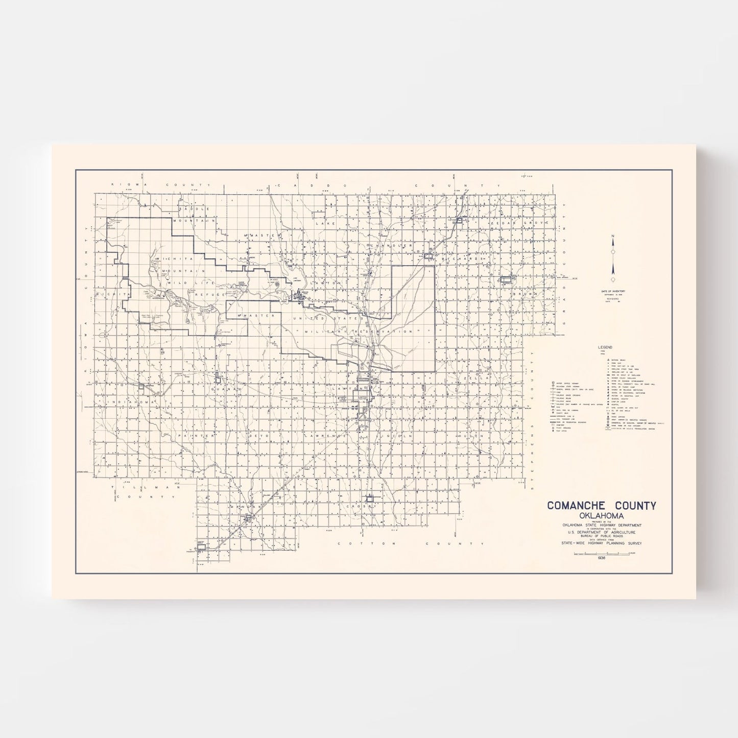 Vintage Map of Comanche County, Oklahoma, 1936