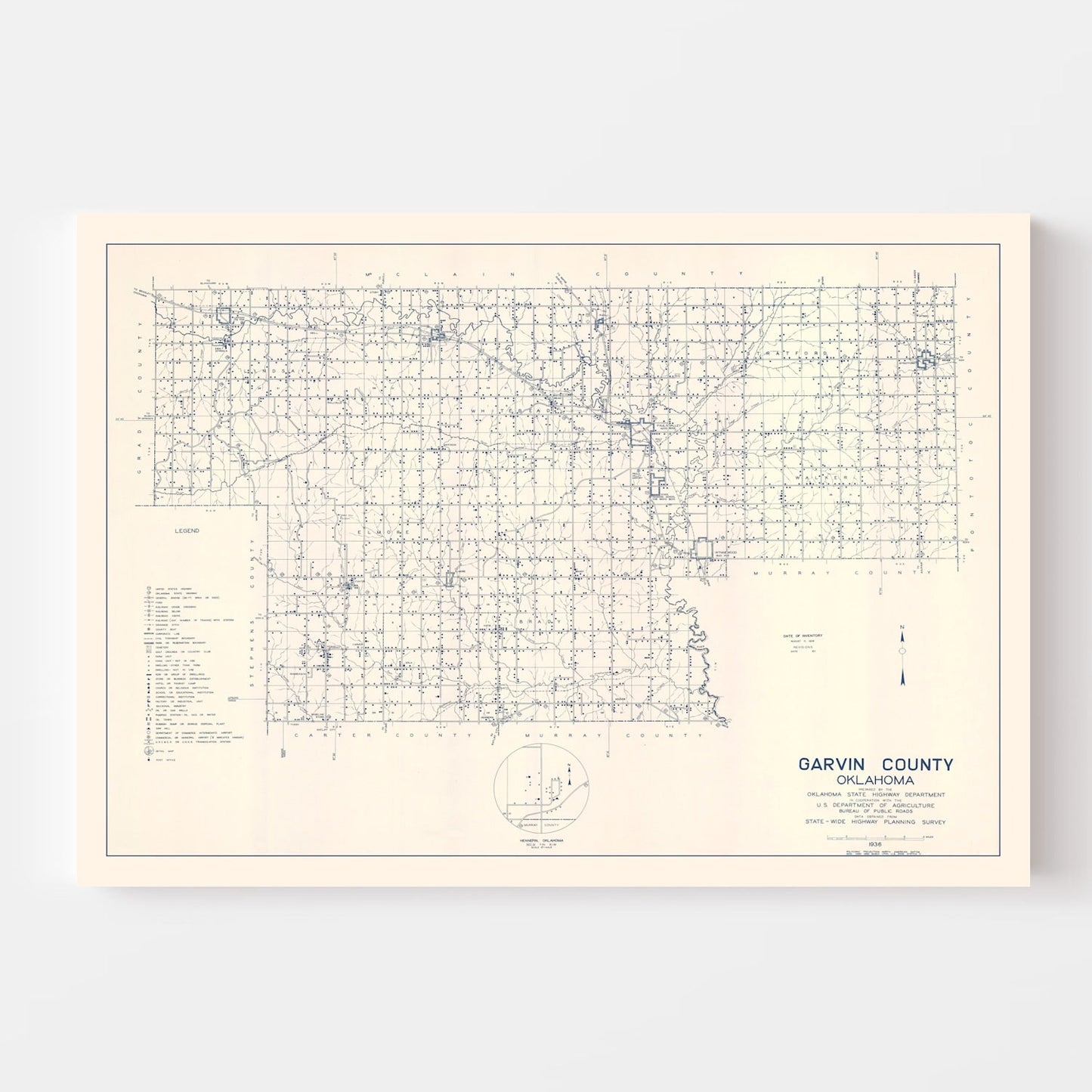 Vintage Map of Garvin County, Oklahoma, 1936