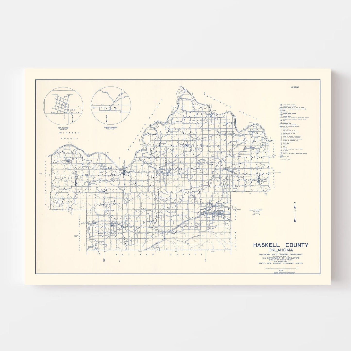 Vintage Map of Haskell County, Oklahoma, 1936