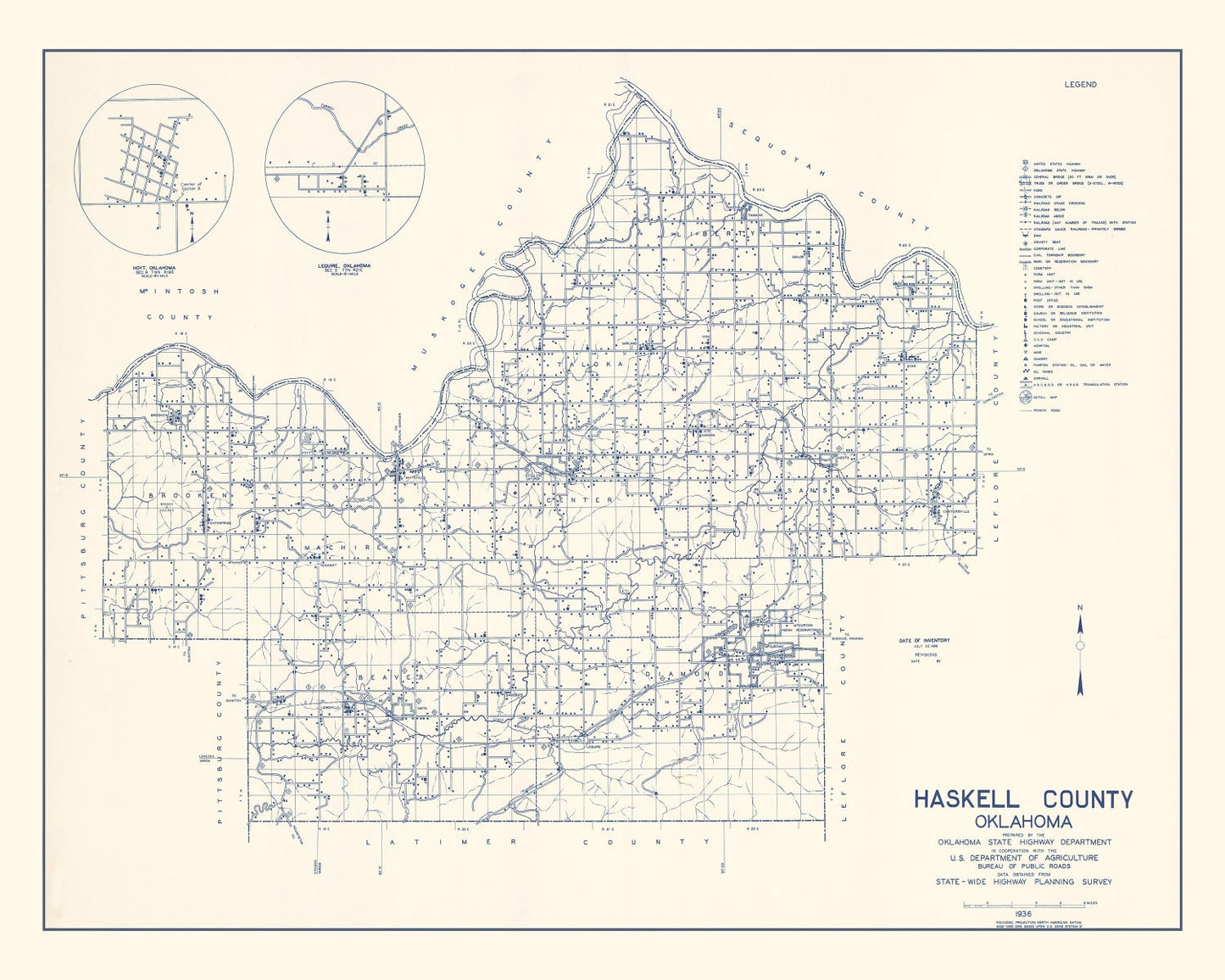 Vintage Map of Haskell County, Oklahoma, 1936