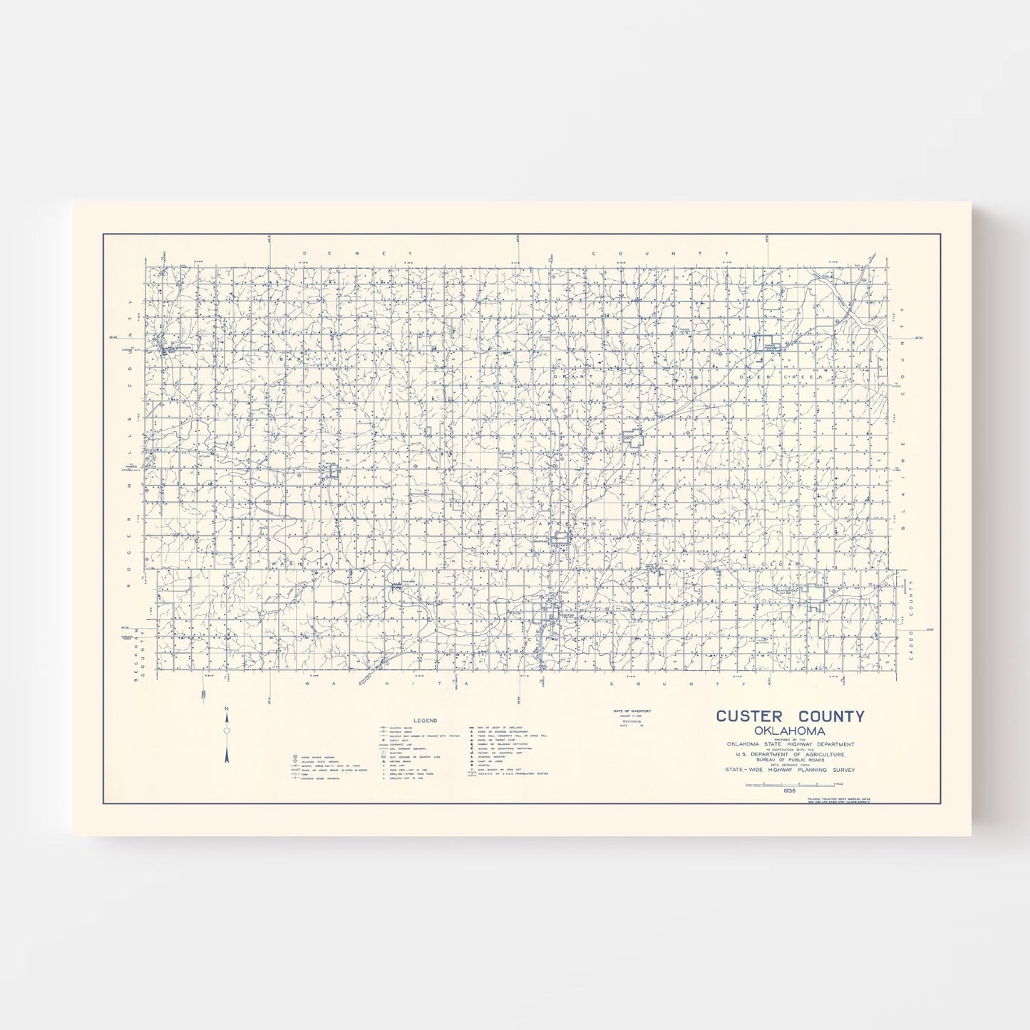 Vintage Map of Custer County, Oklahoma, 1936
