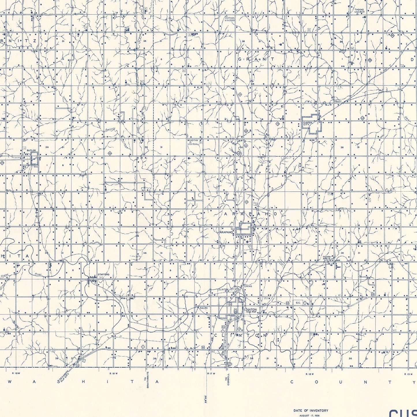 Vintage Map of Custer County, Oklahoma, 1936