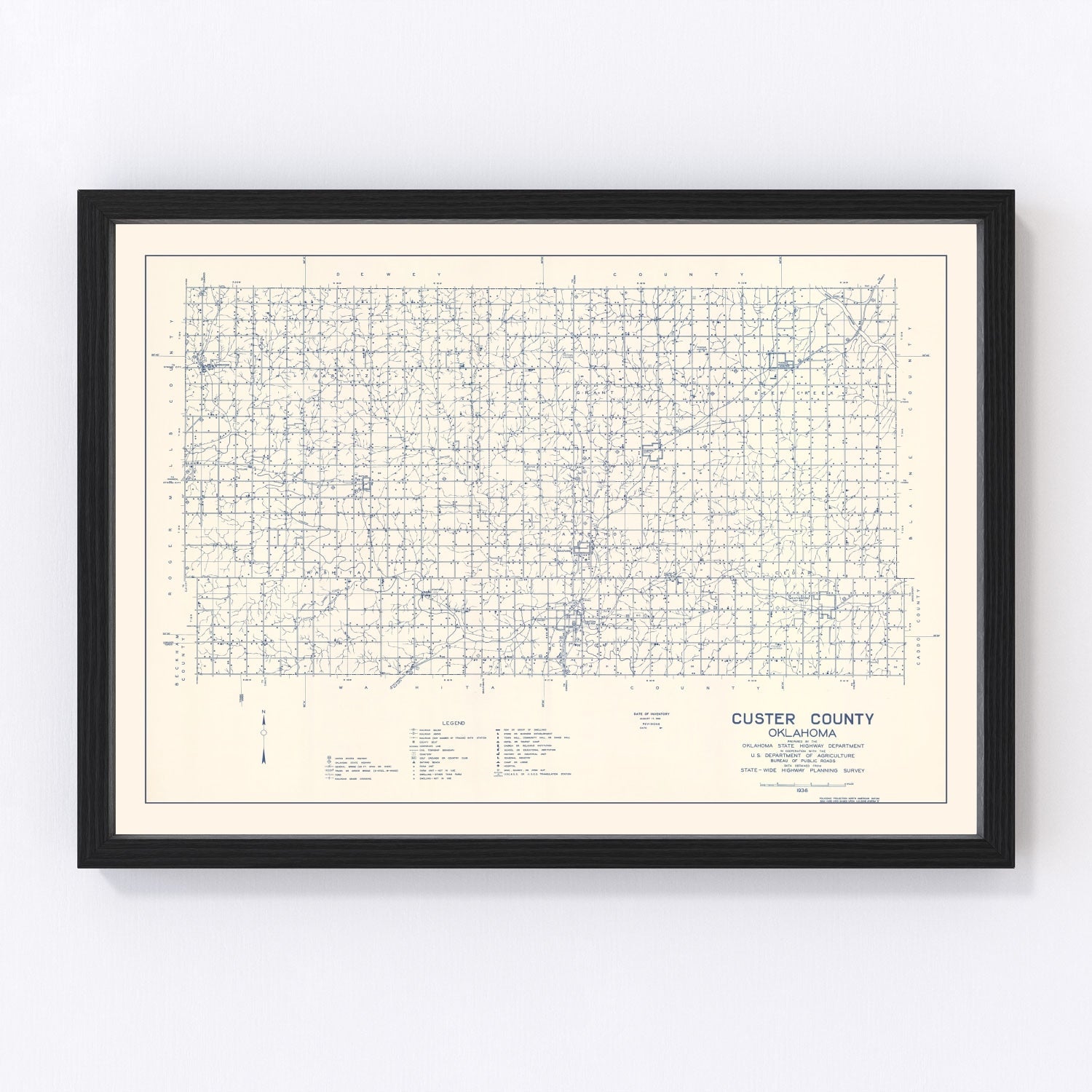 vintage map of Custer County, Oklahoma, 1936