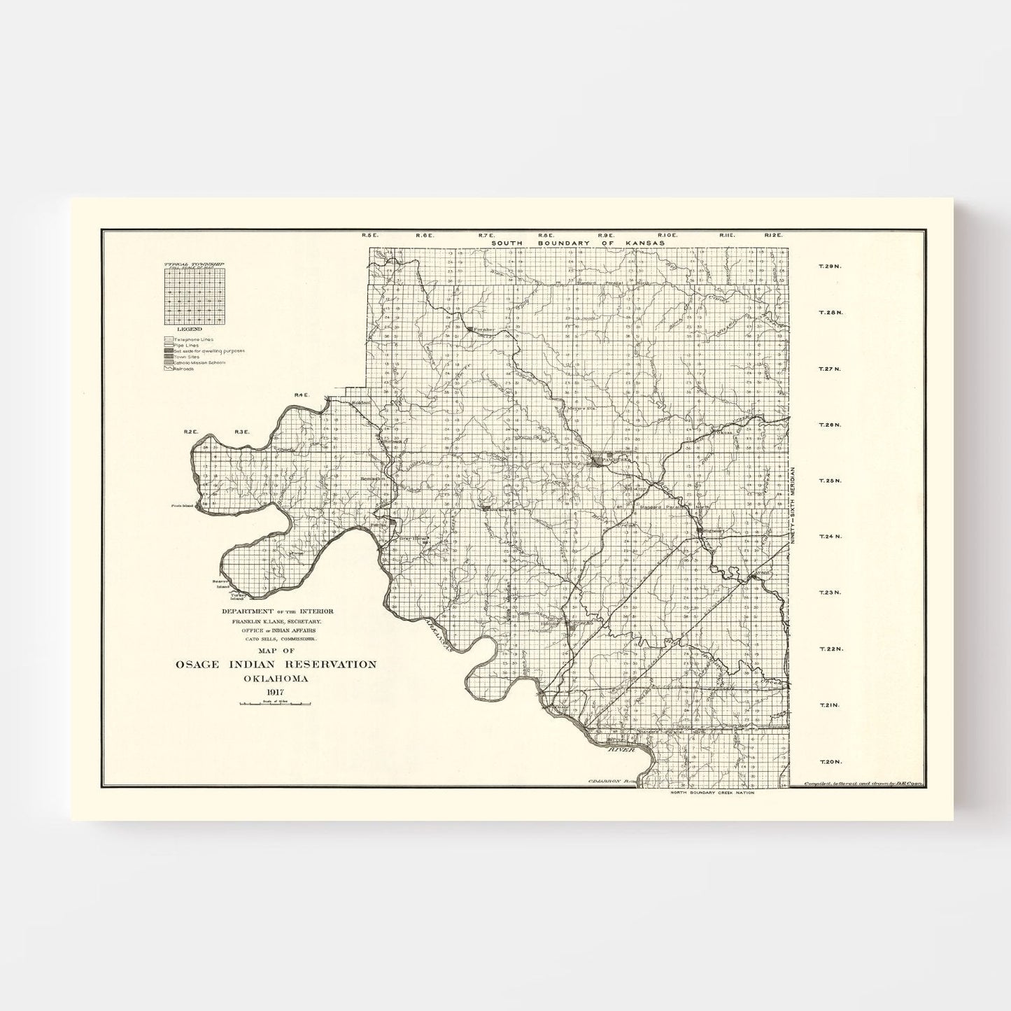 Vintage Osage Indian Reservation Map, 1917