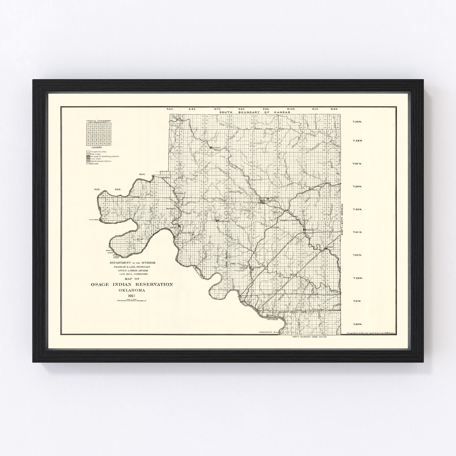 vintage Osage Indian Reservation map, Oklahoma, 1917