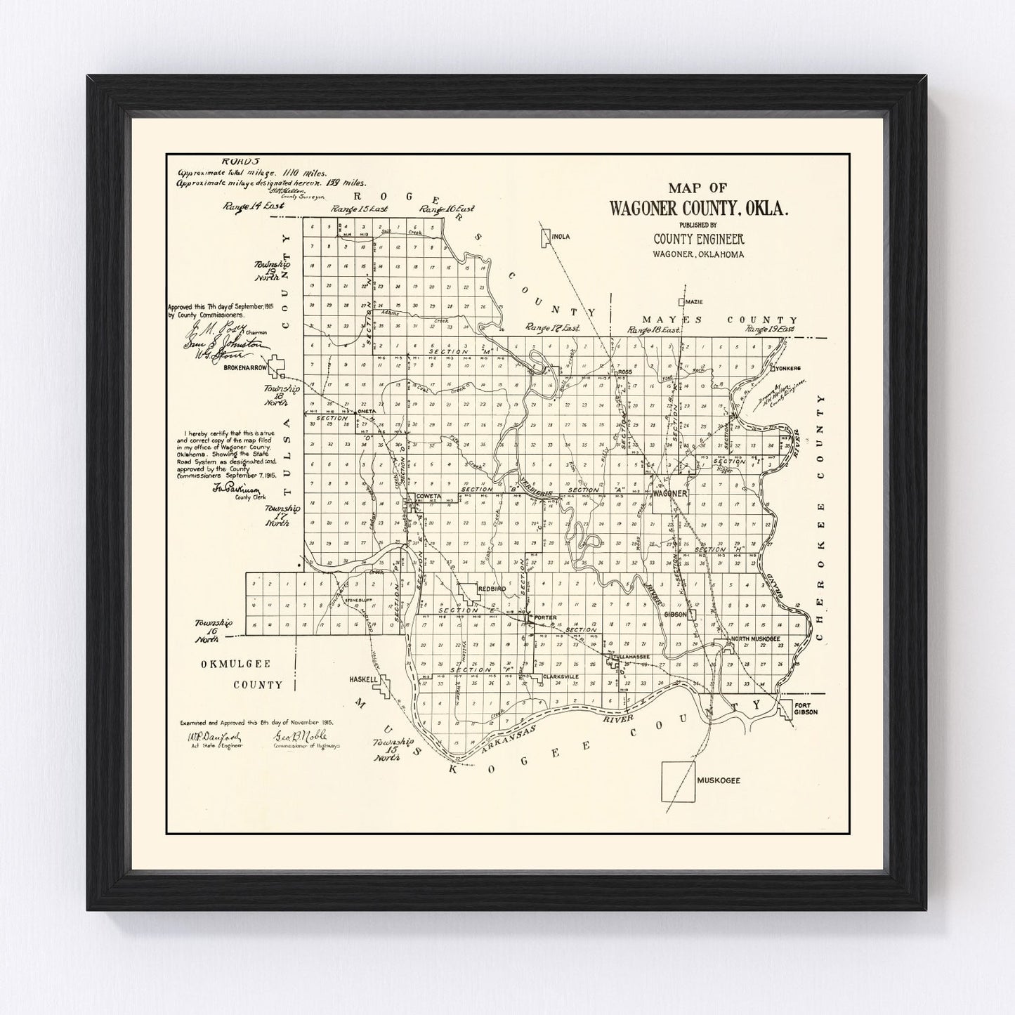 Vintage map of Wagoner County, Oklahoma, 1915, digitally restored