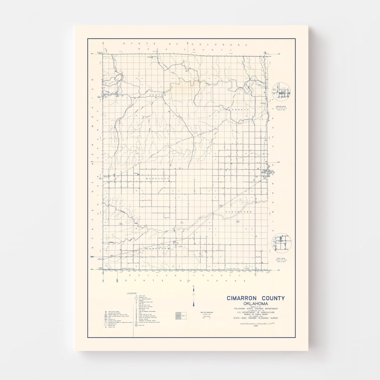 Vintage Map of Cimarron County, Oklahoma, 1936