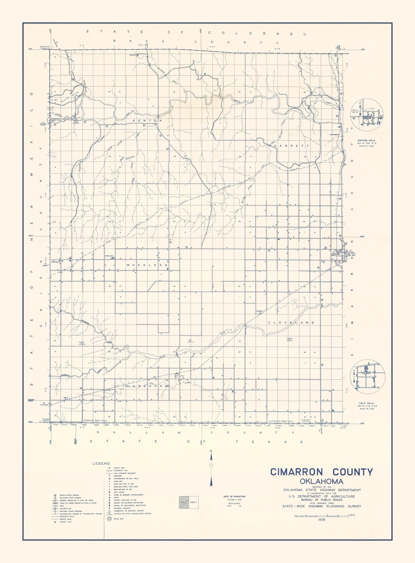 Vintage Map of Cimarron County, Oklahoma, 1936