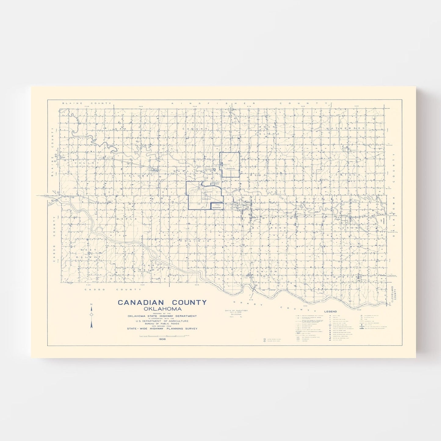 Vintage Map of Canadian County, Oklahoma, 1936