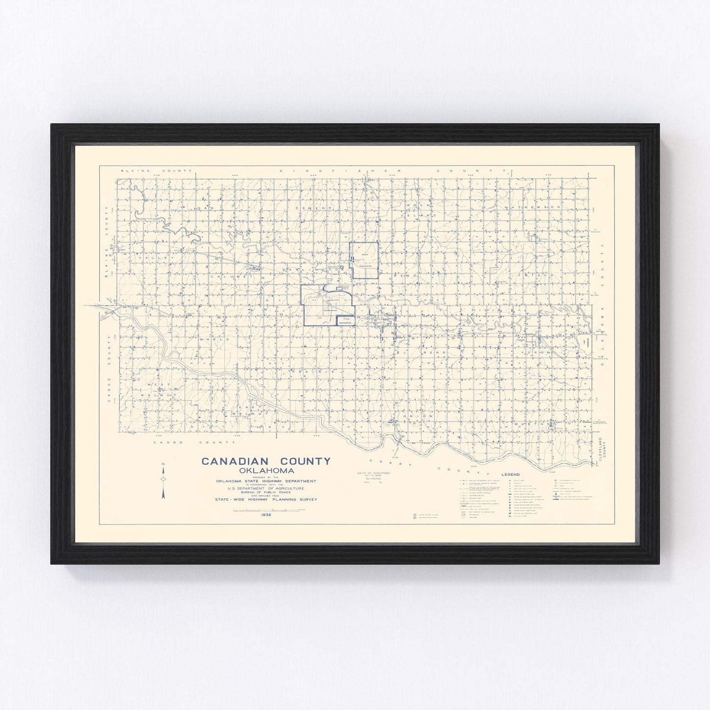 Vintage map of Canadian County, Oklahoma, 1936, digitally restored antique cartographic print