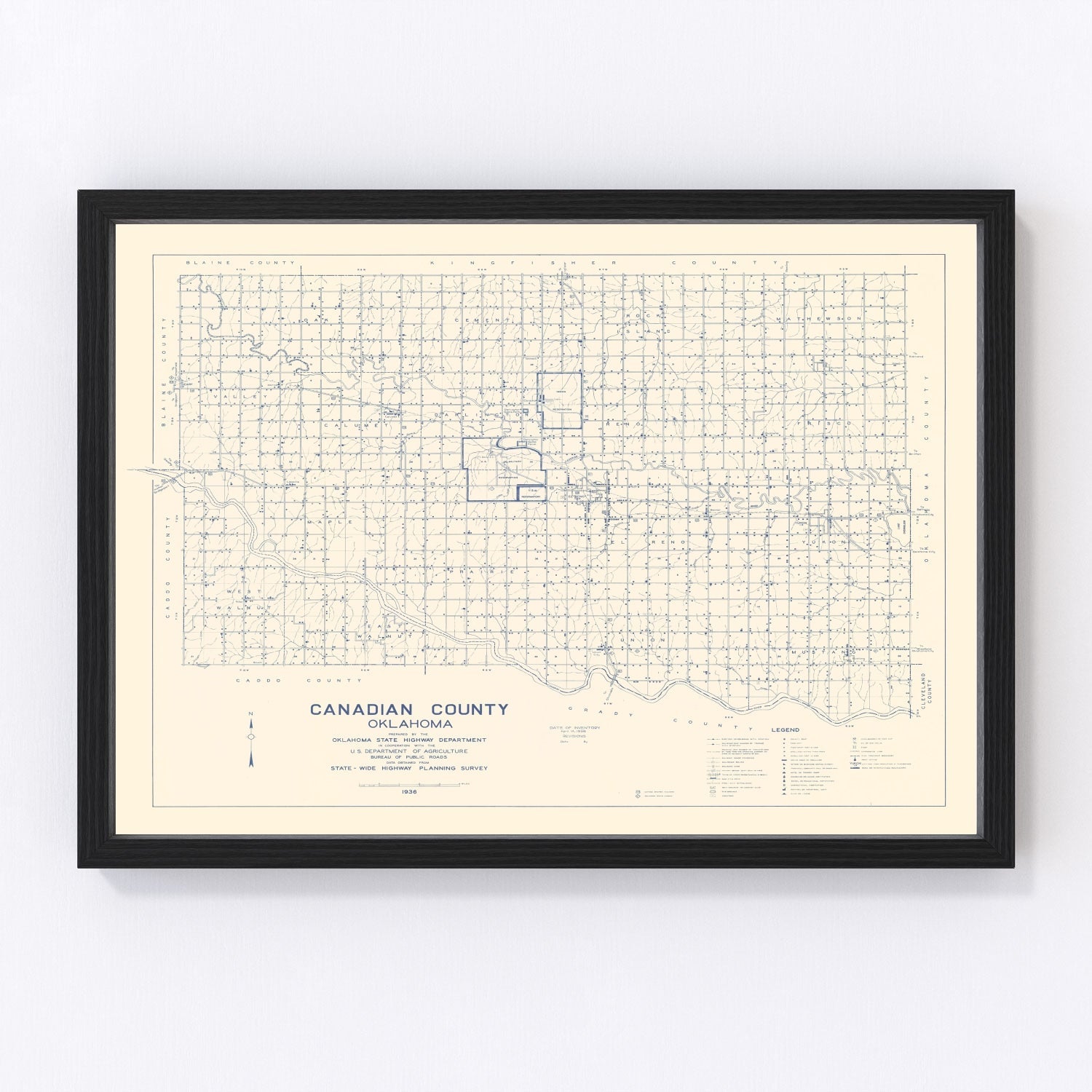 Vintage map of Canadian County, Oklahoma, 1936, digitally restored antique cartographic print