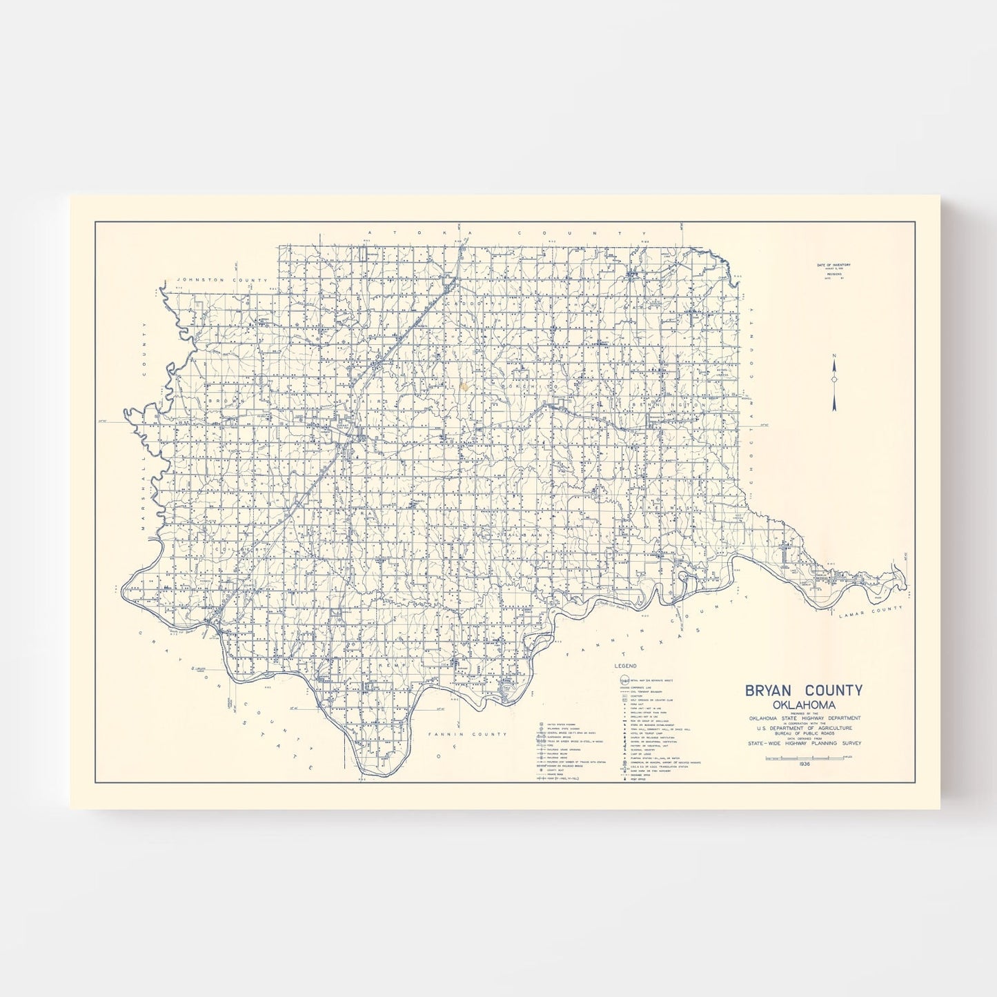 Vintage Map of Bryan County, Oklahoma, 1936