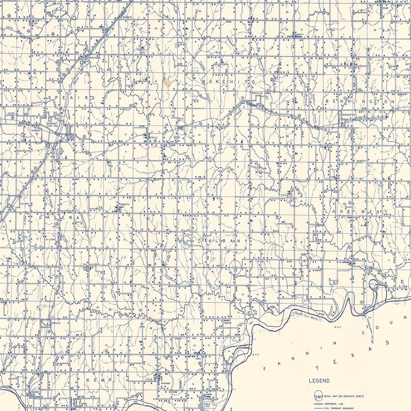 Vintage Map of Bryan County, Oklahoma, 1936