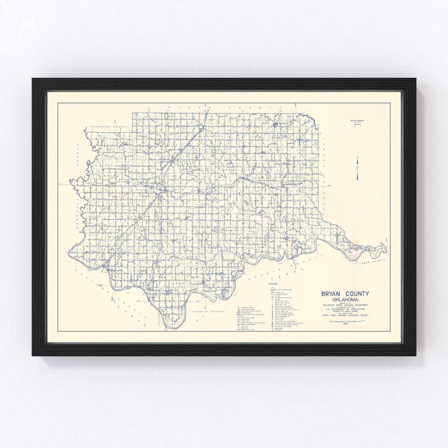 Vintage map of Bryan County, Oklahoma, 1936, Durant area