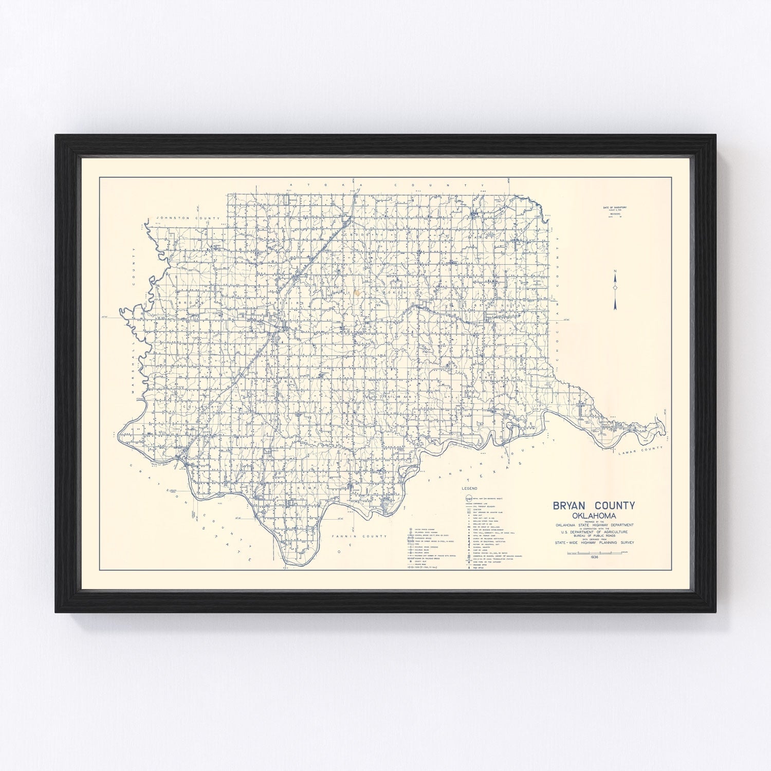 Vintage map of Bryan County, Oklahoma, 1936, Durant area