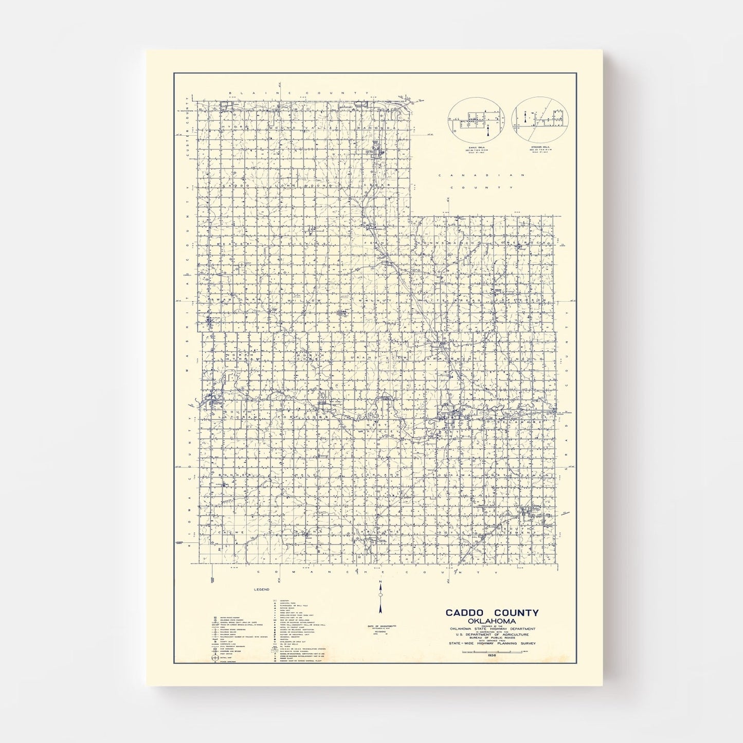 Vintage Map of Caddo County, Oklahoma, 1936 Wall Art