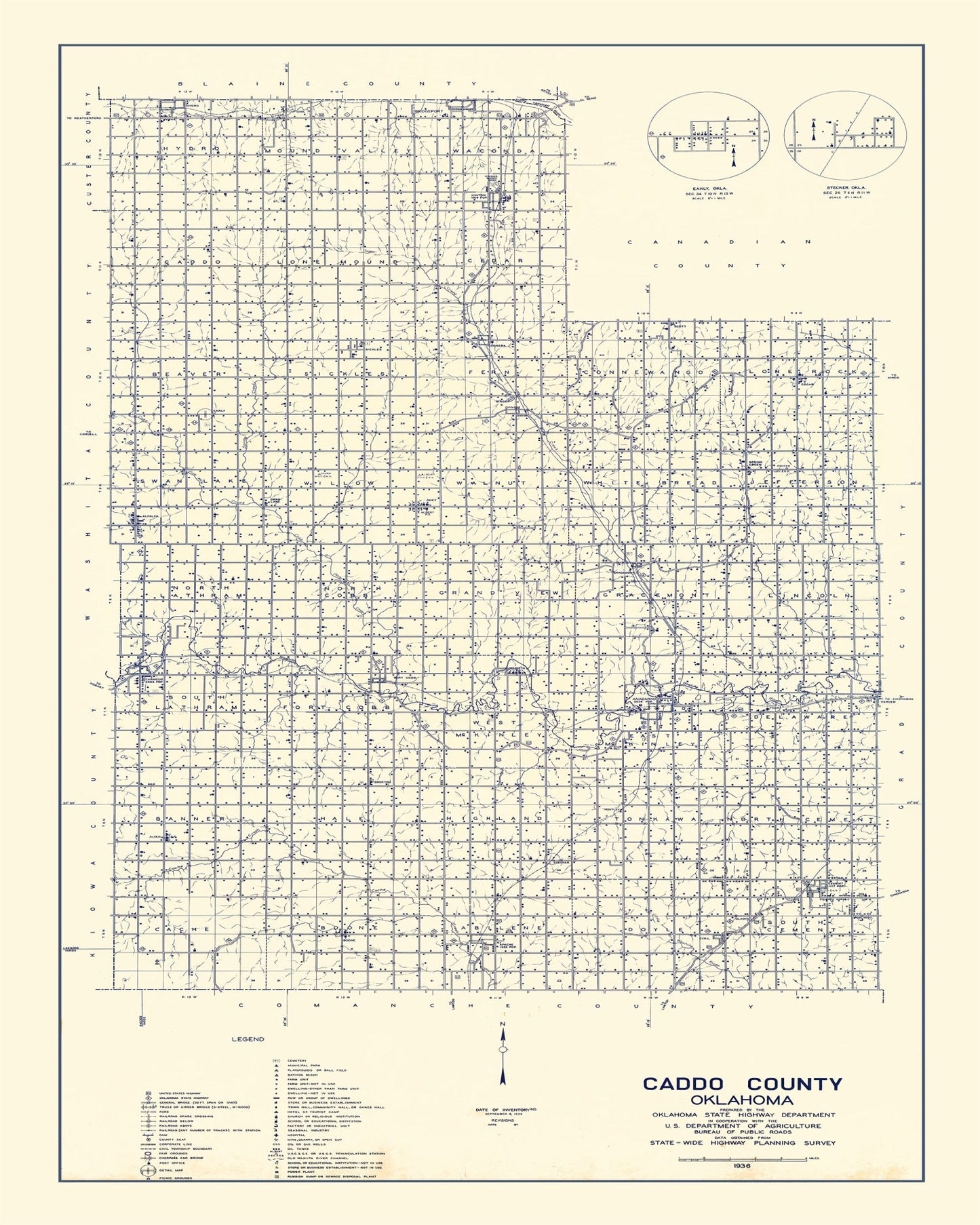 Vintage Map of Caddo County, Oklahoma, 1936 Wall Art