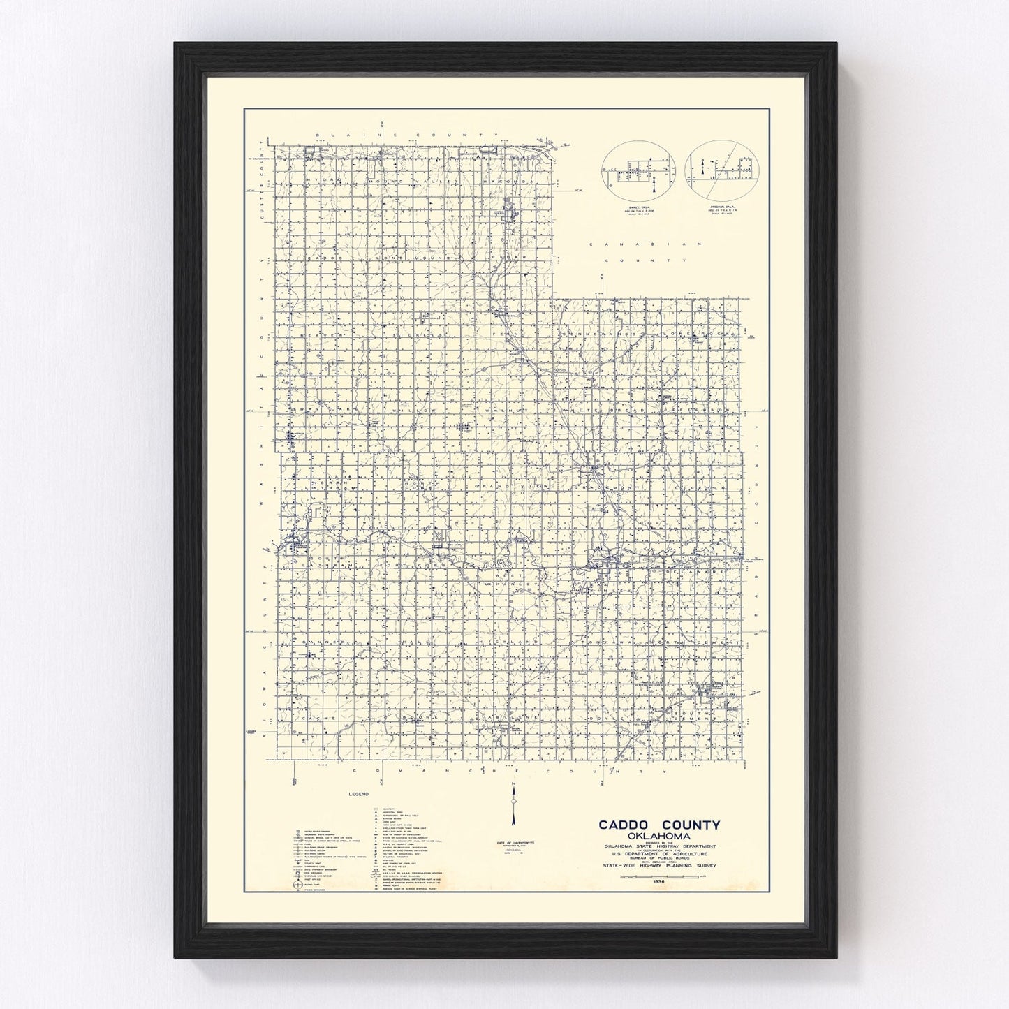 Vintage map of Caddo County, Oklahoma, 1936, digitally restored