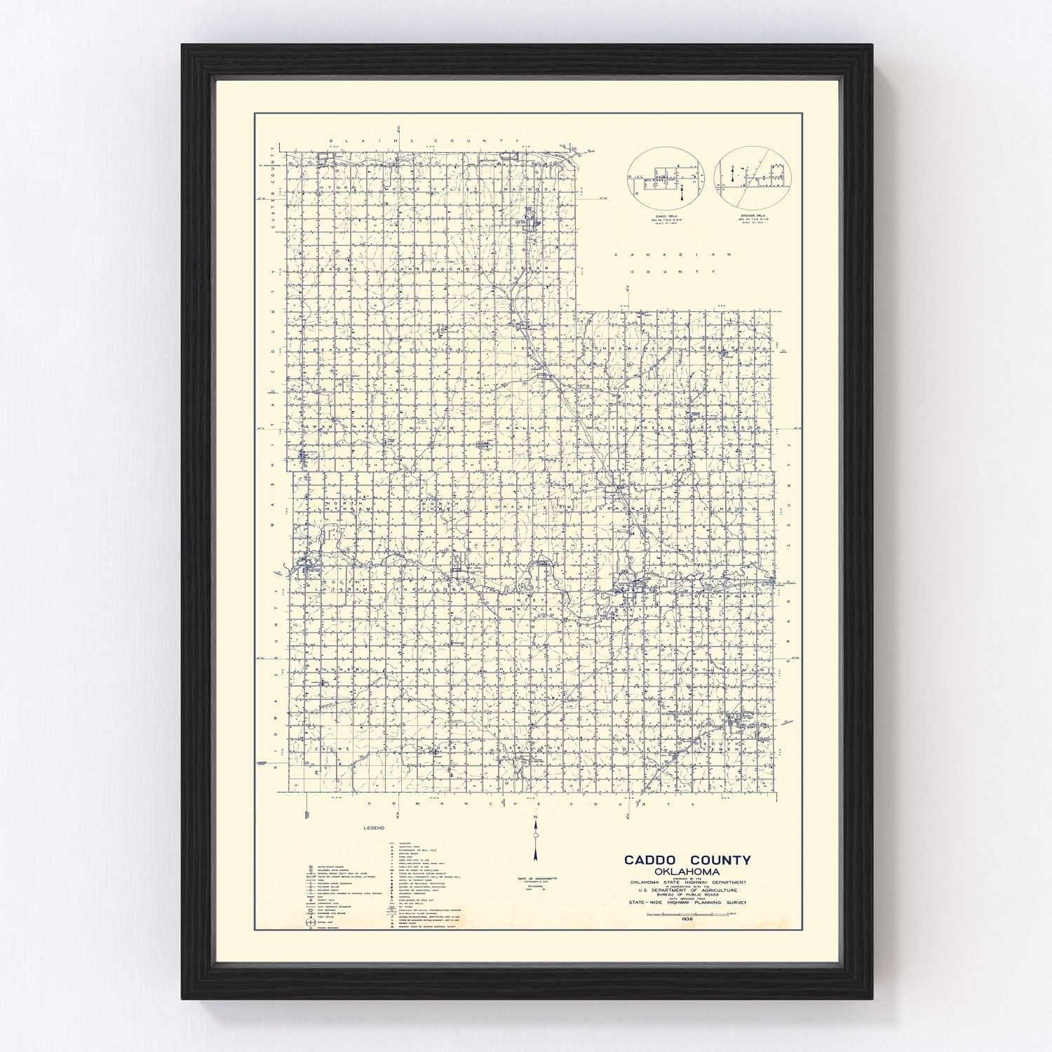 Vintage map of Caddo County, Oklahoma, 1936, digitally restored