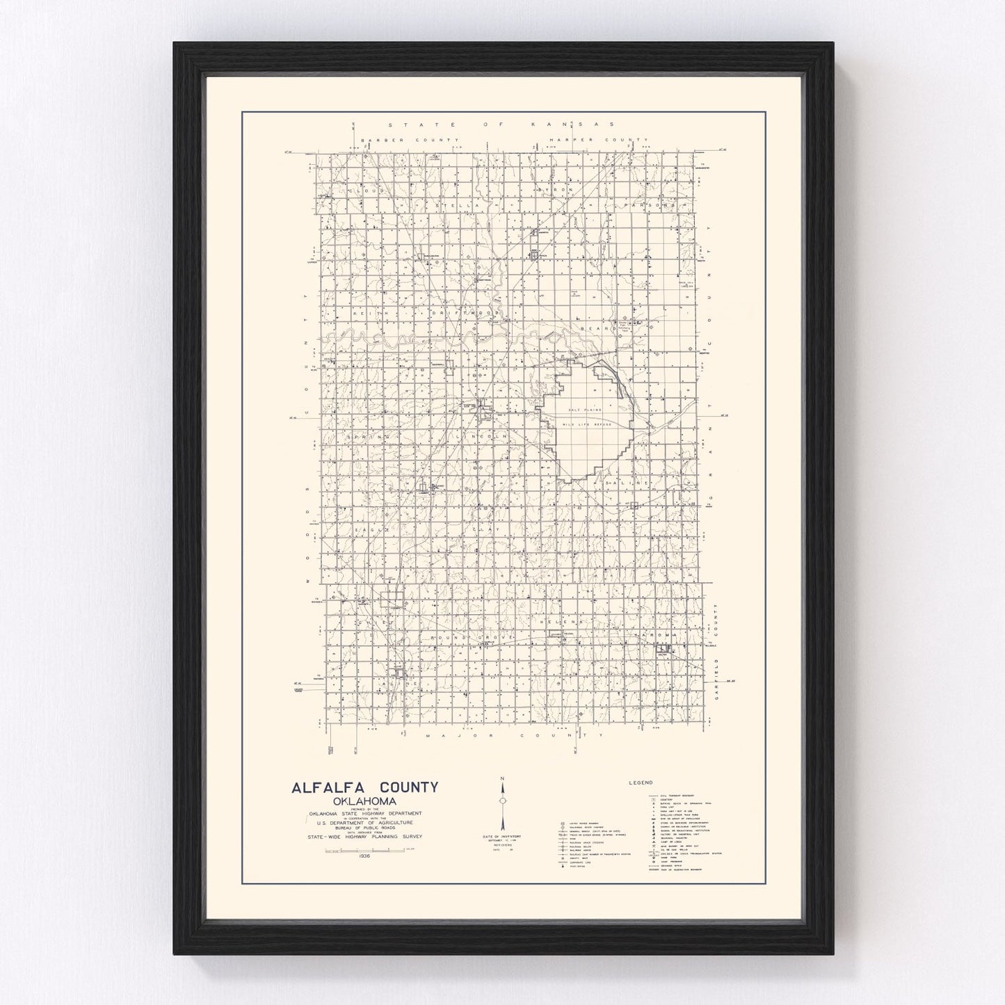 Vintage map of Alfalfa County, Oklahoma, 1936 - Dust Bowl era county survey print