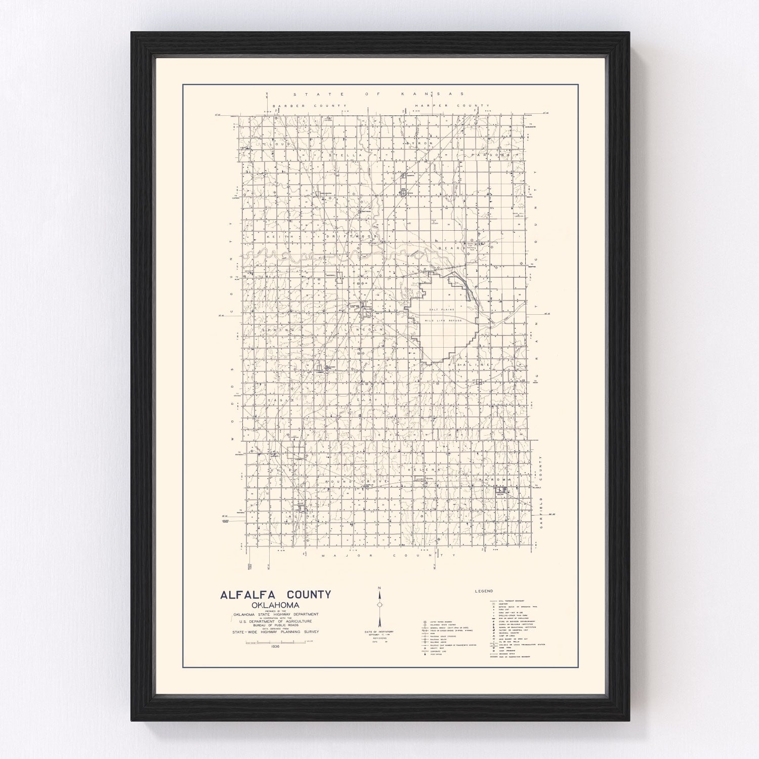 Vintage map of Alfalfa County, Oklahoma, 1936 - Dust Bowl era county survey print