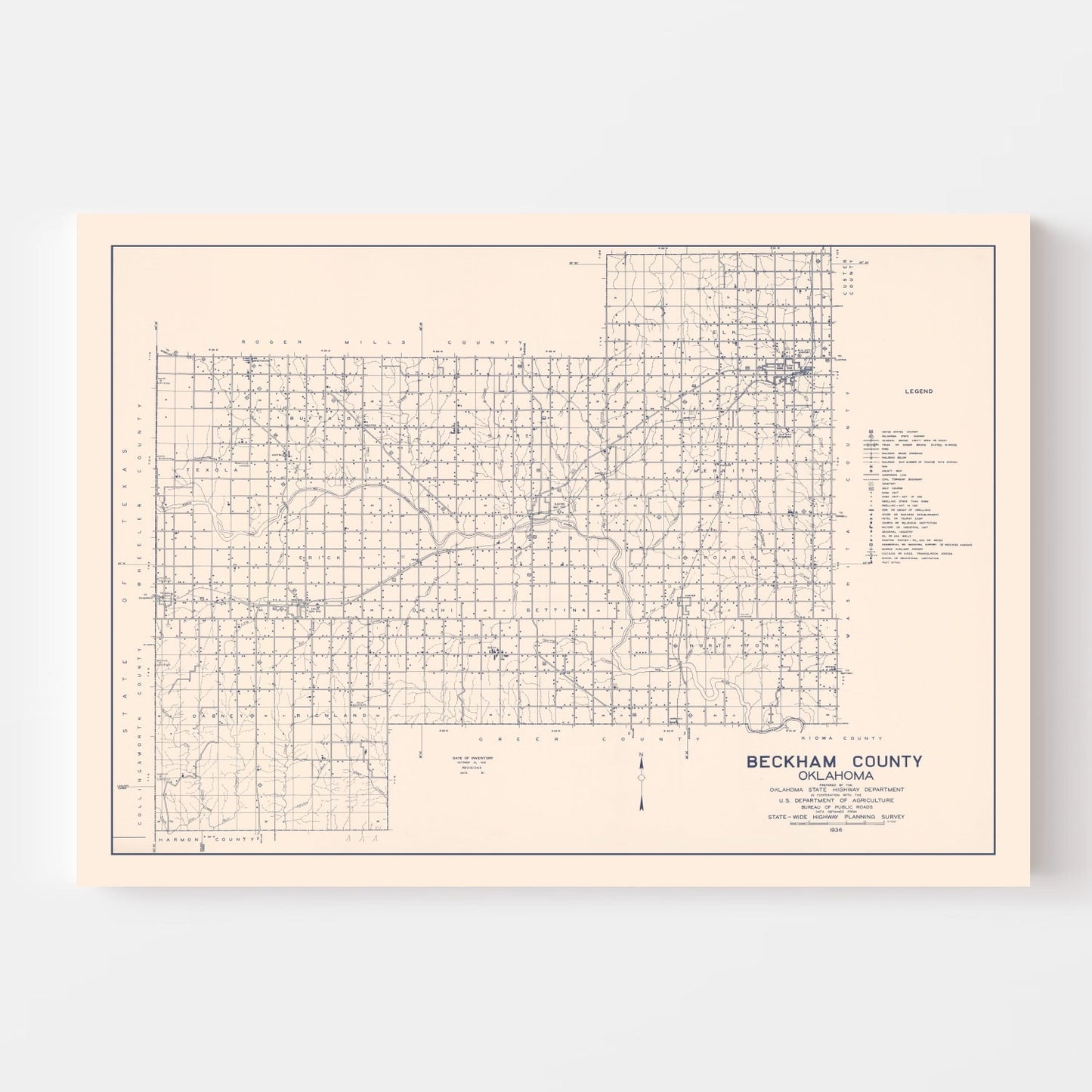 Vintage Map of Beckham County, Oklahoma, 1936