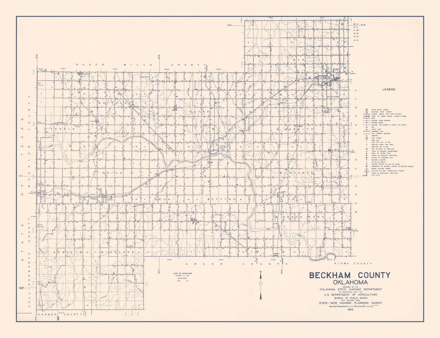 Vintage Map of Beckham County, Oklahoma, 1936