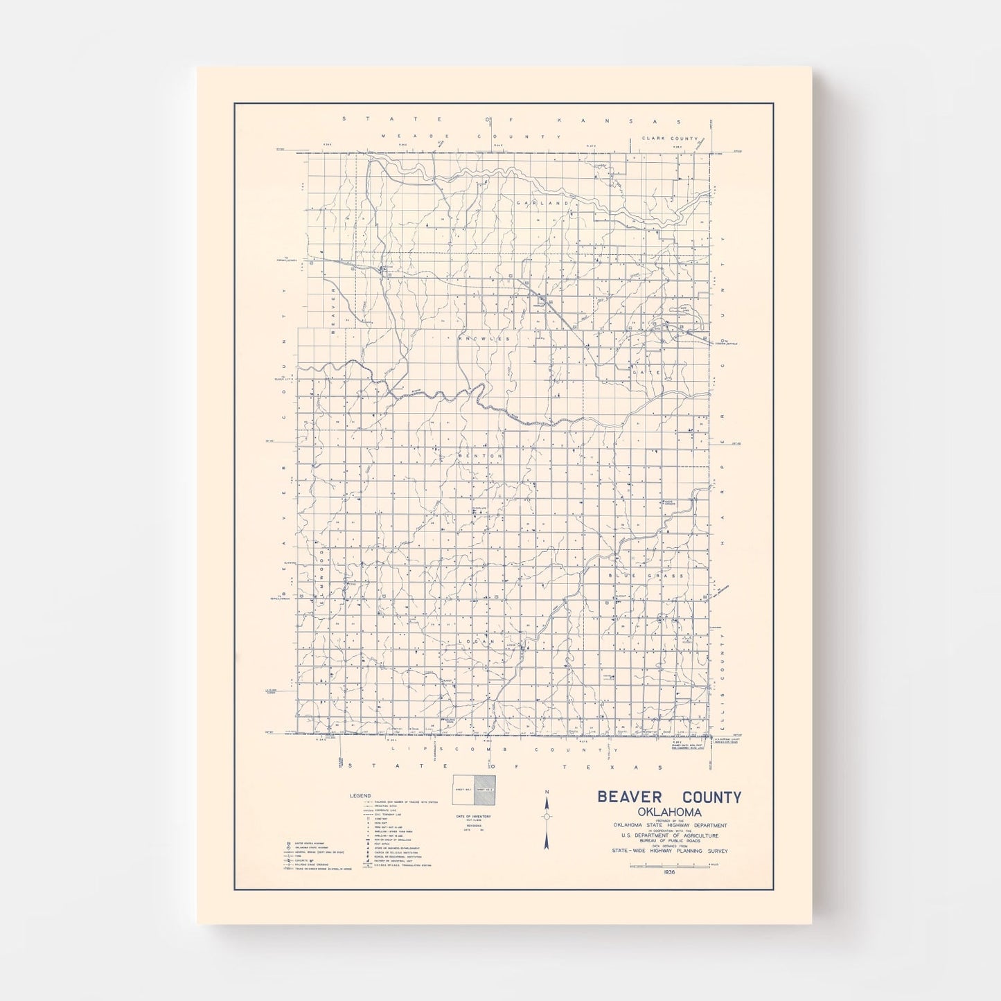Vintage Map of Beaver County, Oklahoma, 1936