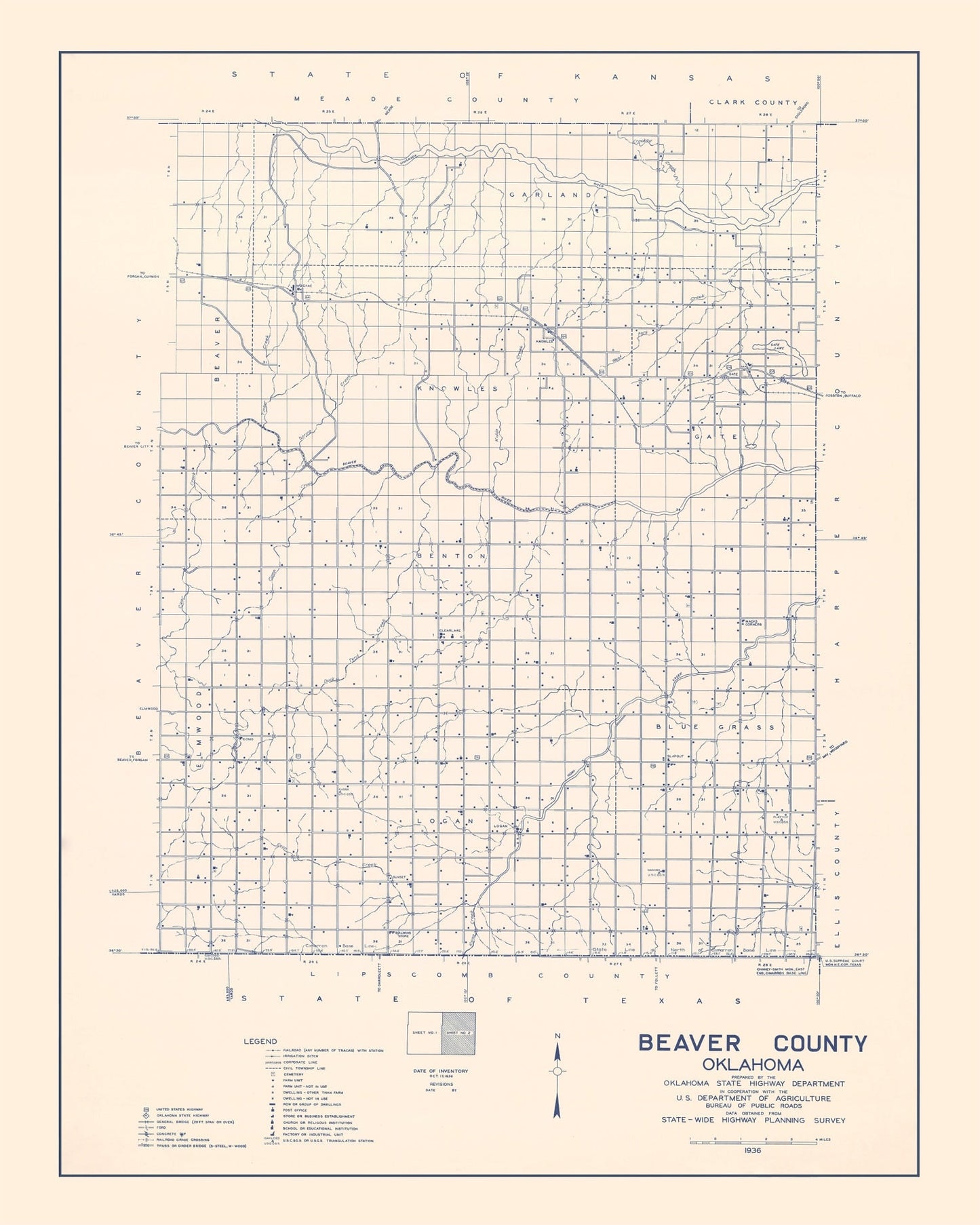 Vintage Map of Beaver County, Oklahoma, 1936