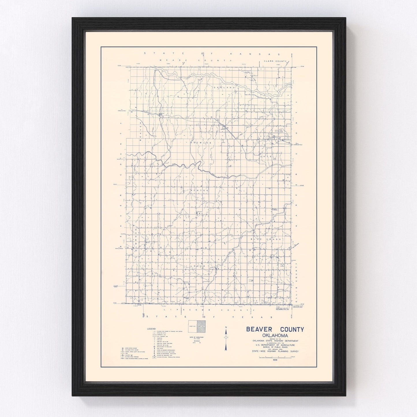 Vintage map of Beaver County, Oklahoma, 1936