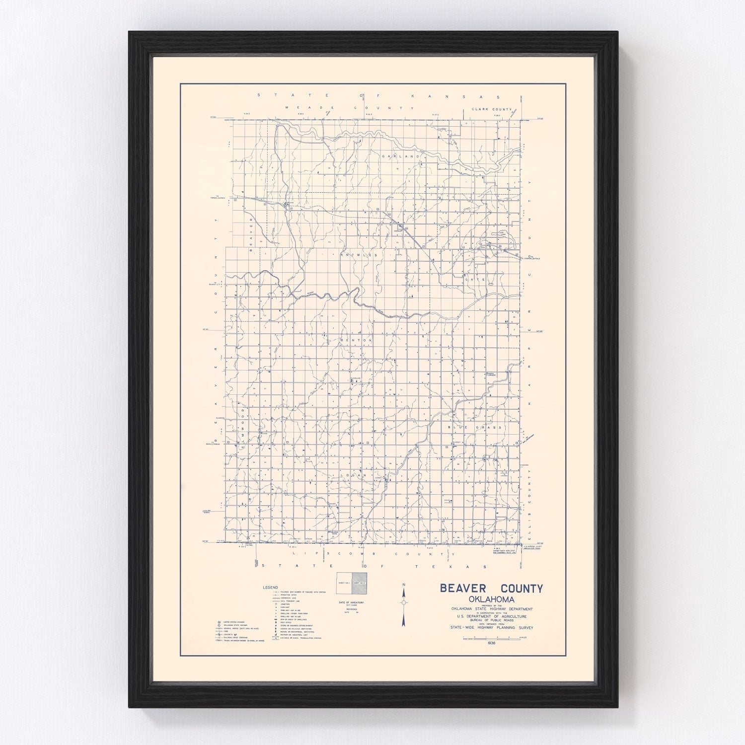 Vintage map of Beaver County, Oklahoma, 1936
