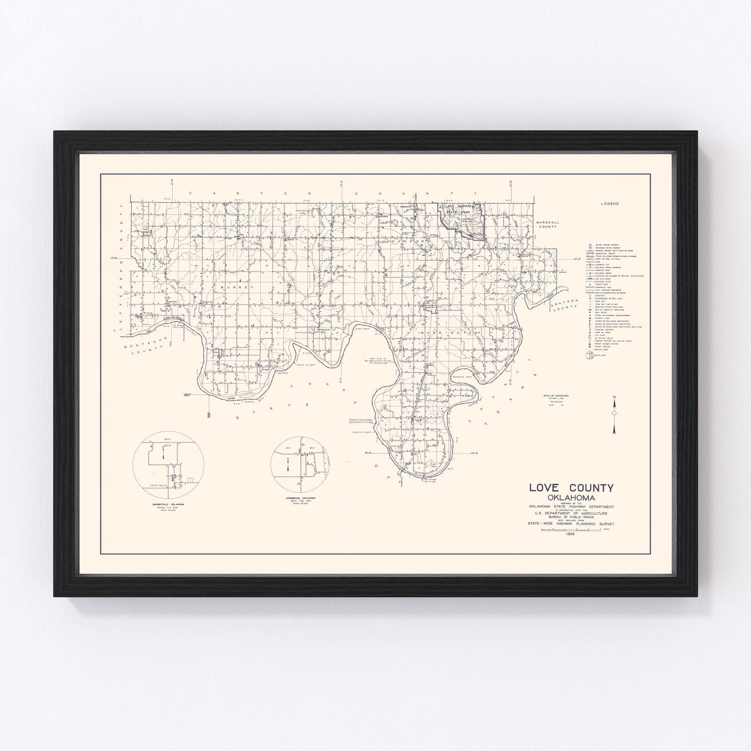 Vintage map of Love County, Oklahoma, 1936