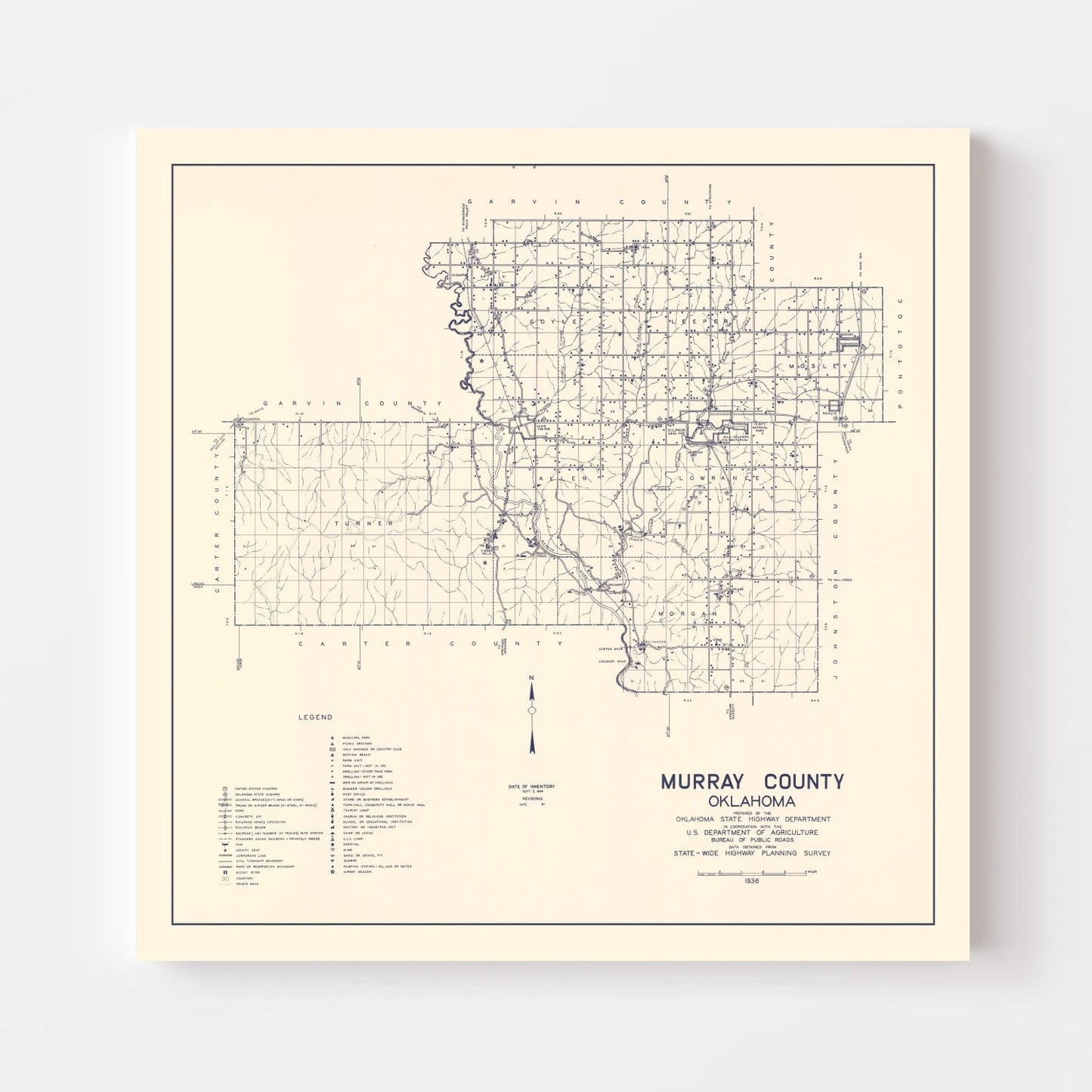 Vintage Map of Murray County, Oklahoma, 1936