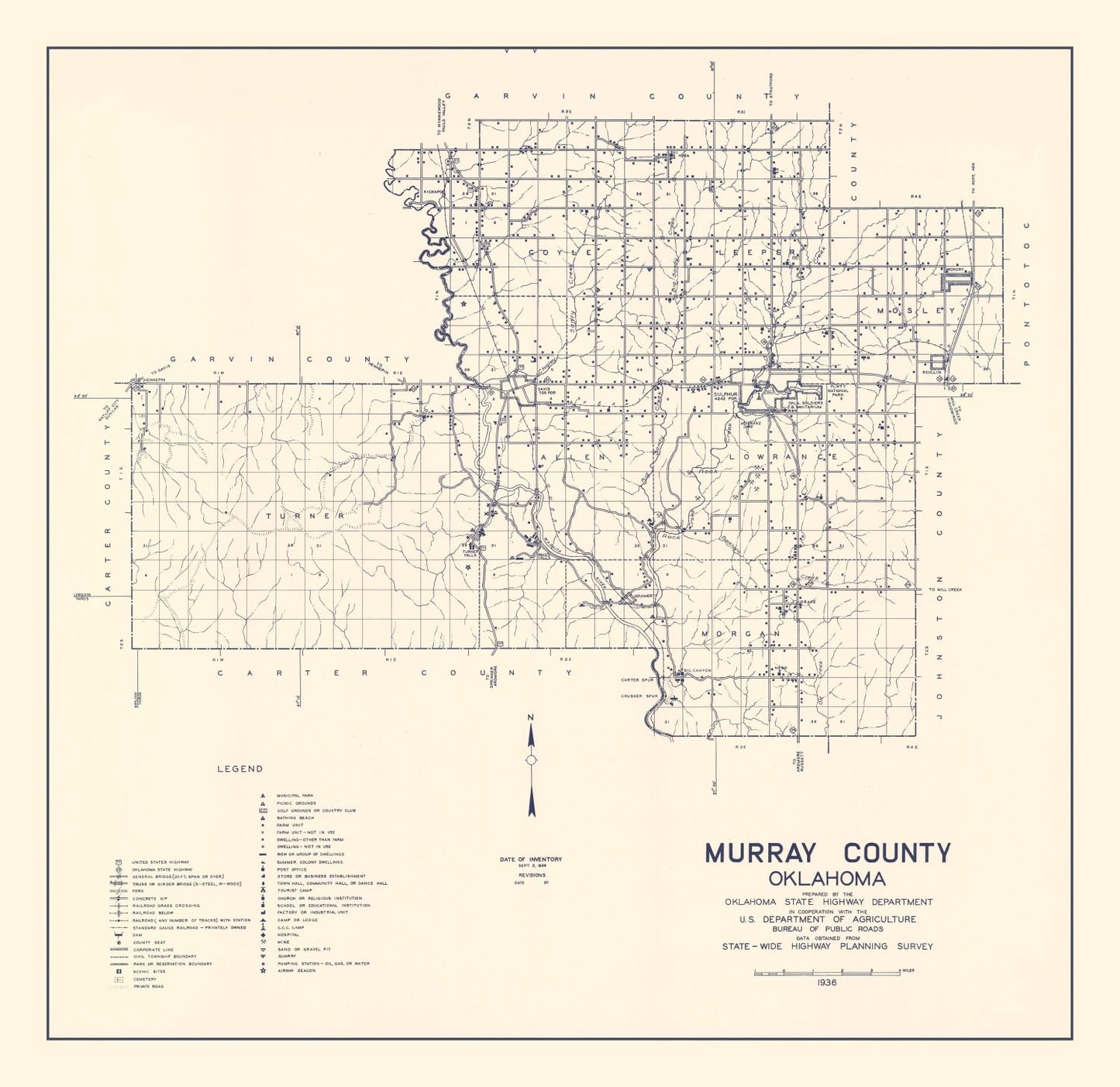 Vintage Map of Murray County, Oklahoma, 1936
