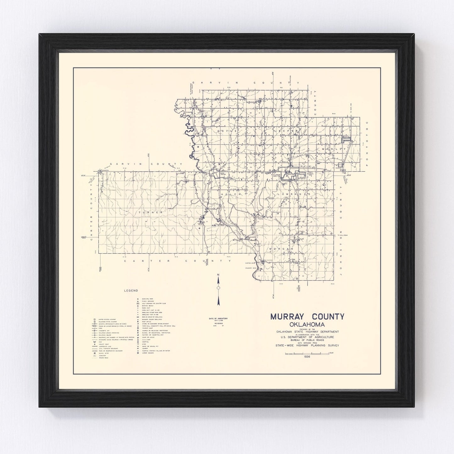 Vintage map of Murray County, Oklahoma, 1936