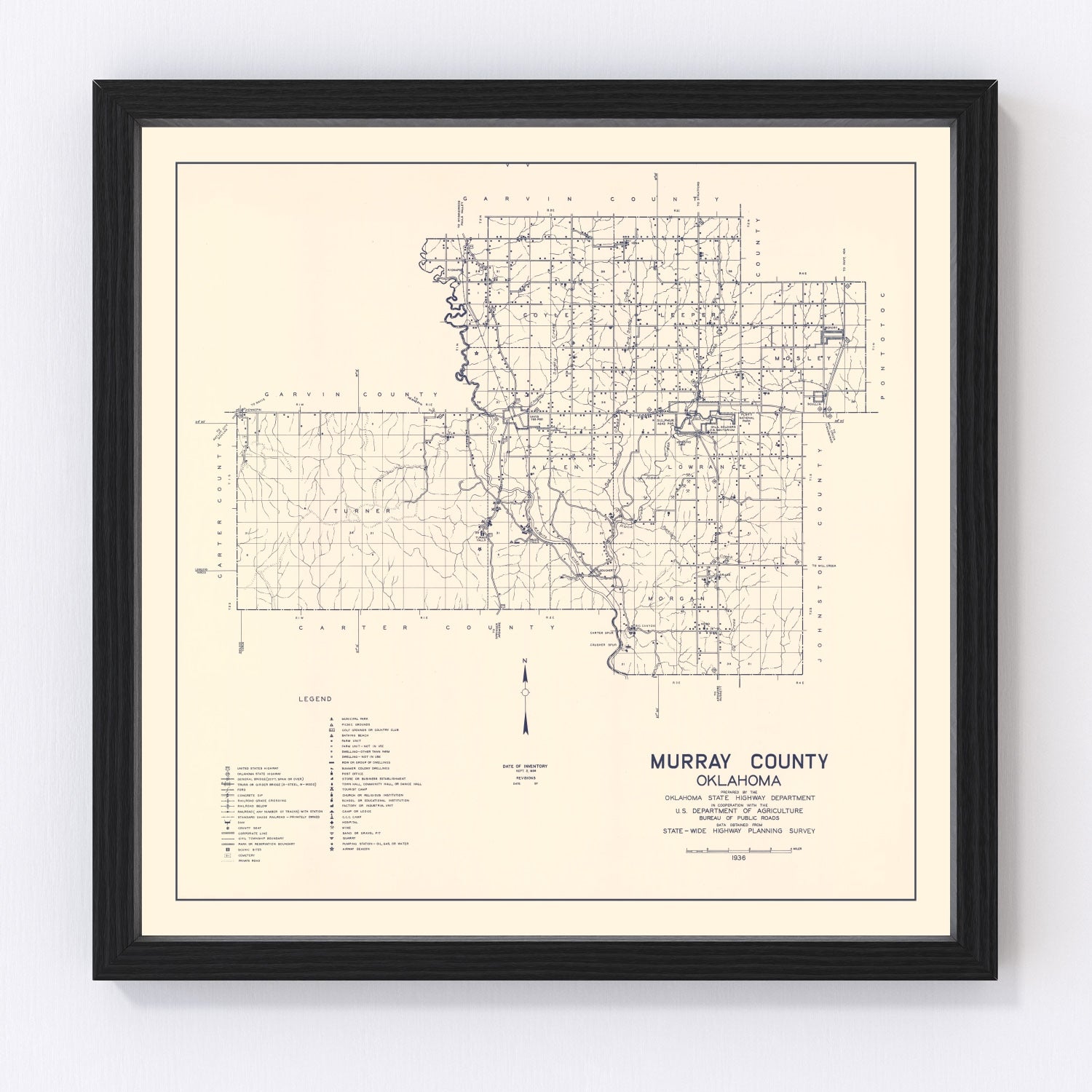 Vintage map of Murray County, Oklahoma, 1936