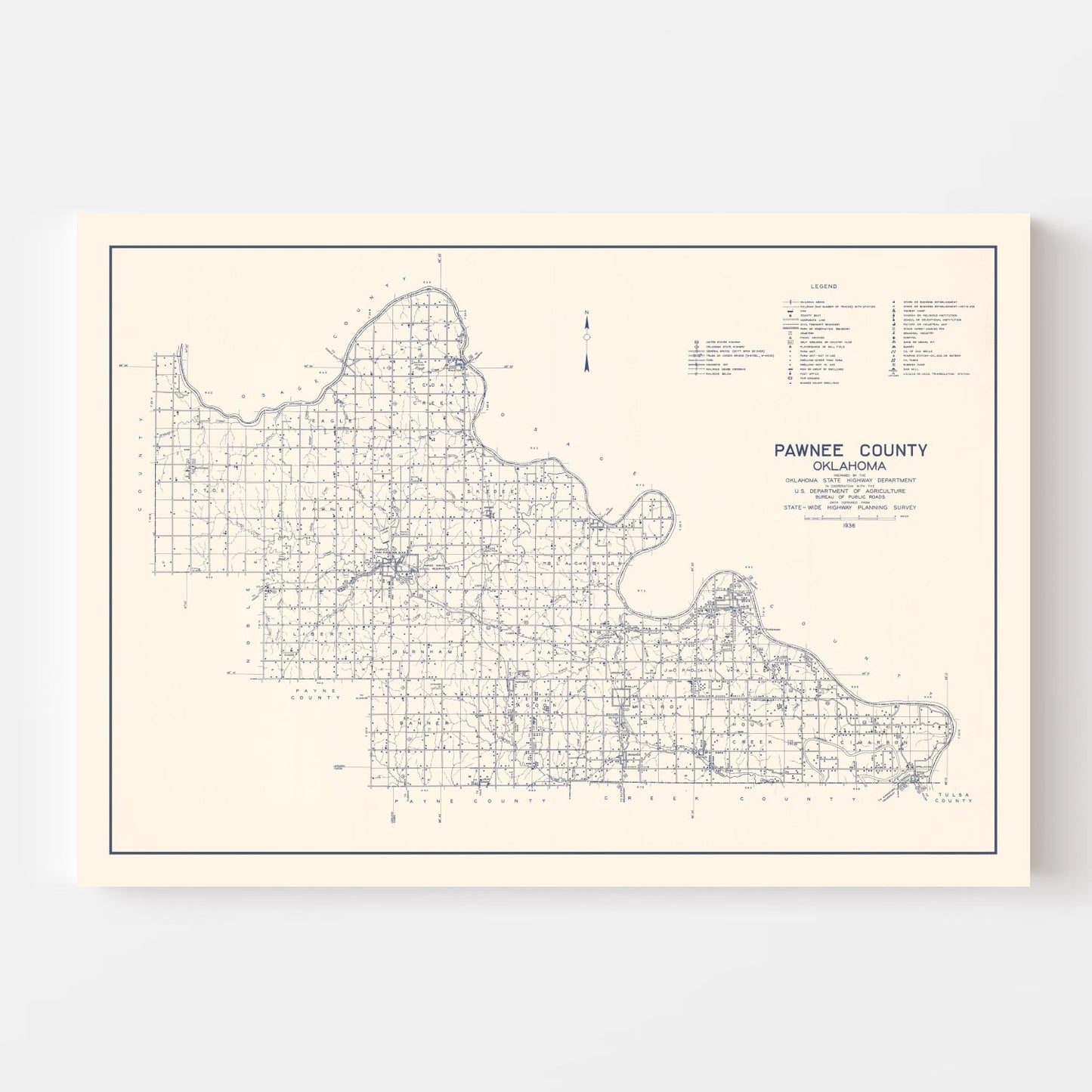 Vintage Map of Pawnee County, Oklahoma, 1936
