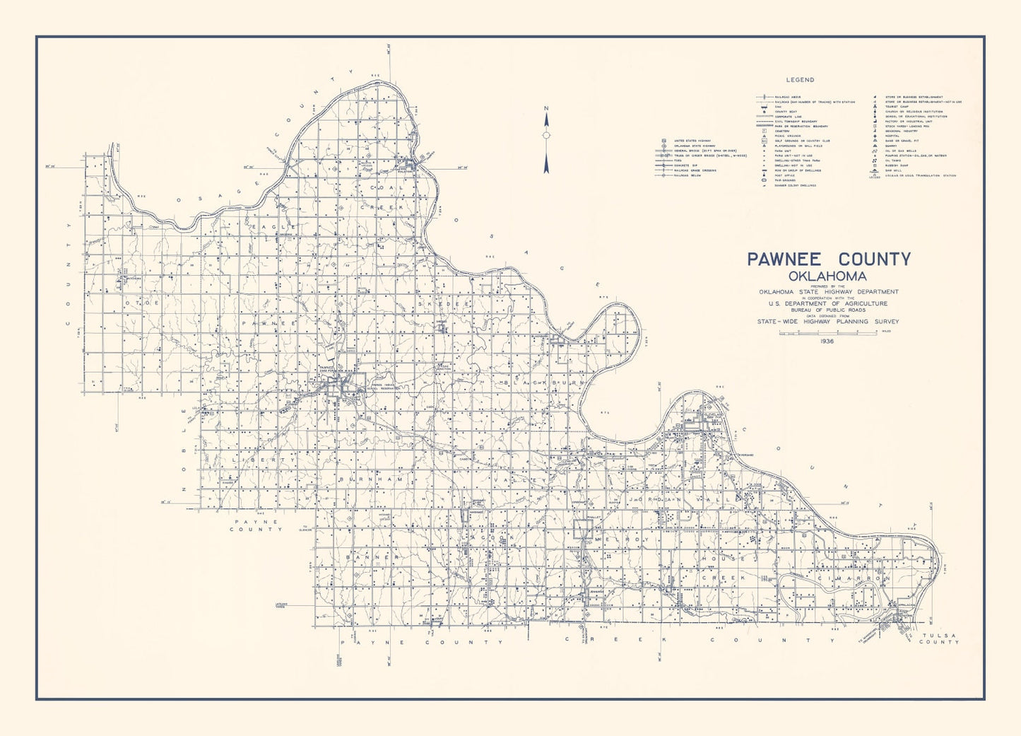 Vintage Map of Pawnee County, Oklahoma, 1936