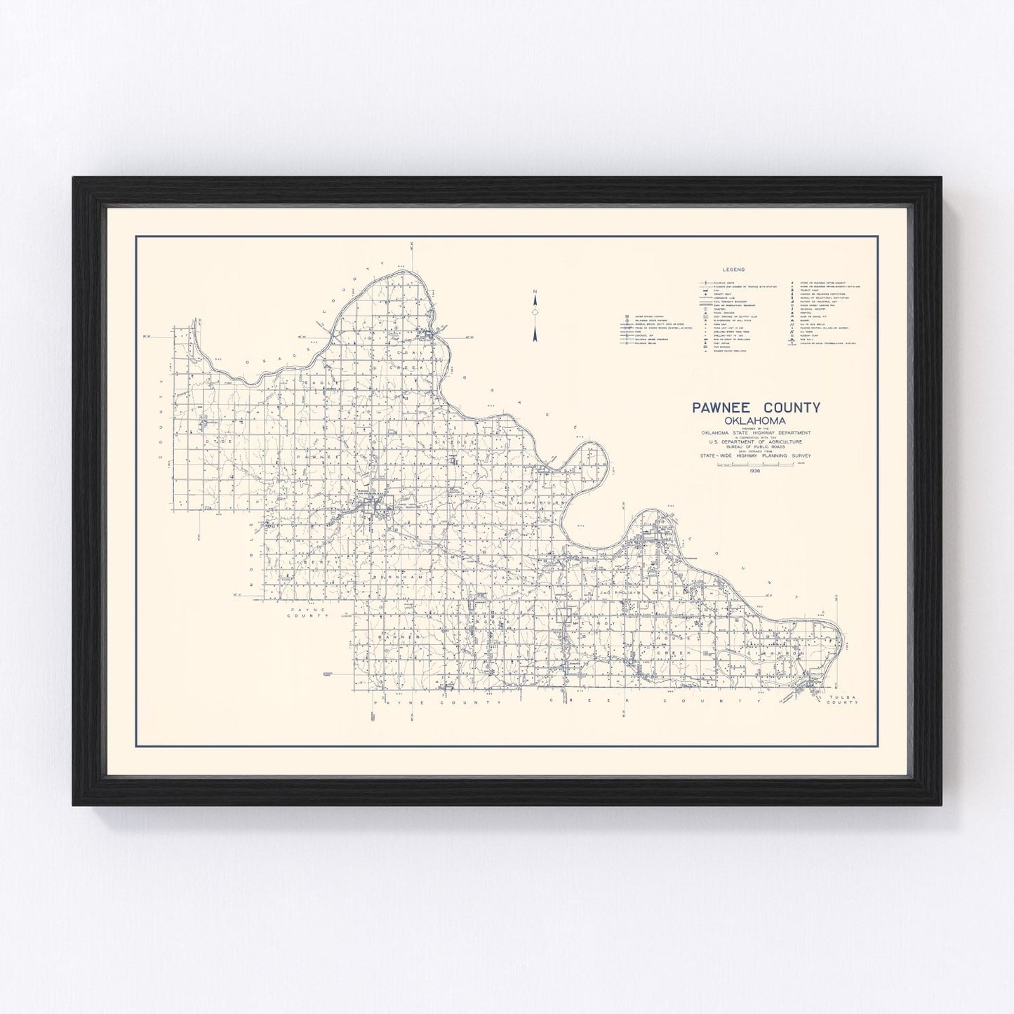 Vintage map of Pawnee County, Oklahoma, 1936