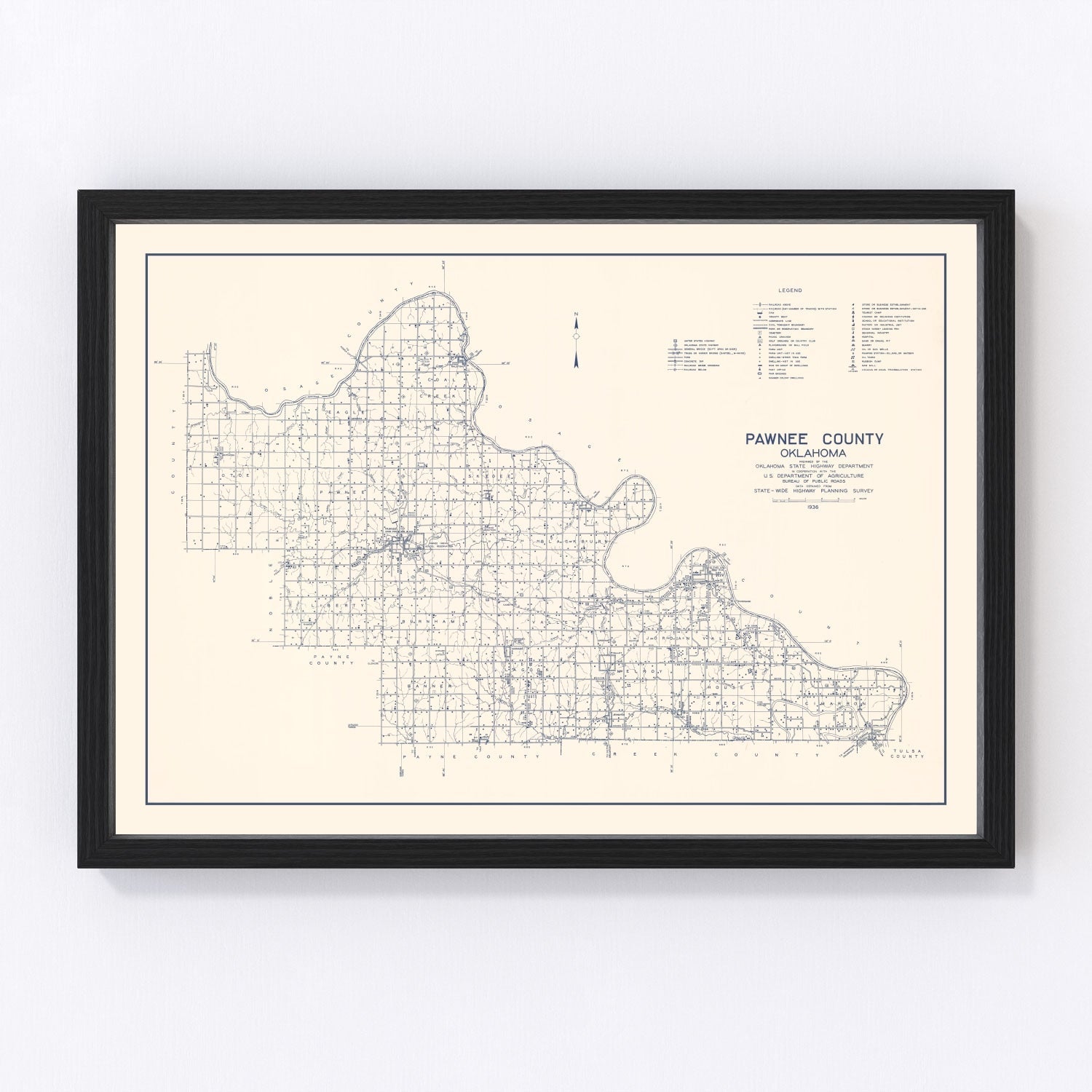 Vintage map of Pawnee County, Oklahoma, 1936