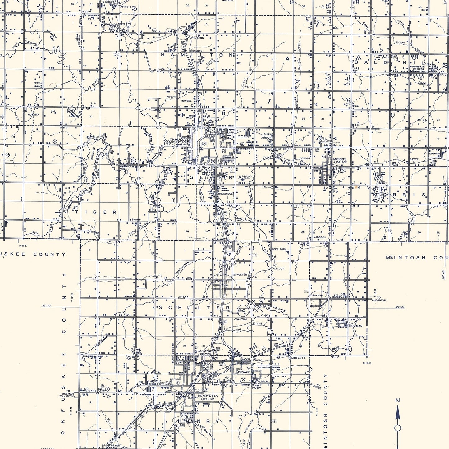 Vintage Map of Okmulgee County, Oklahoma, 1936
