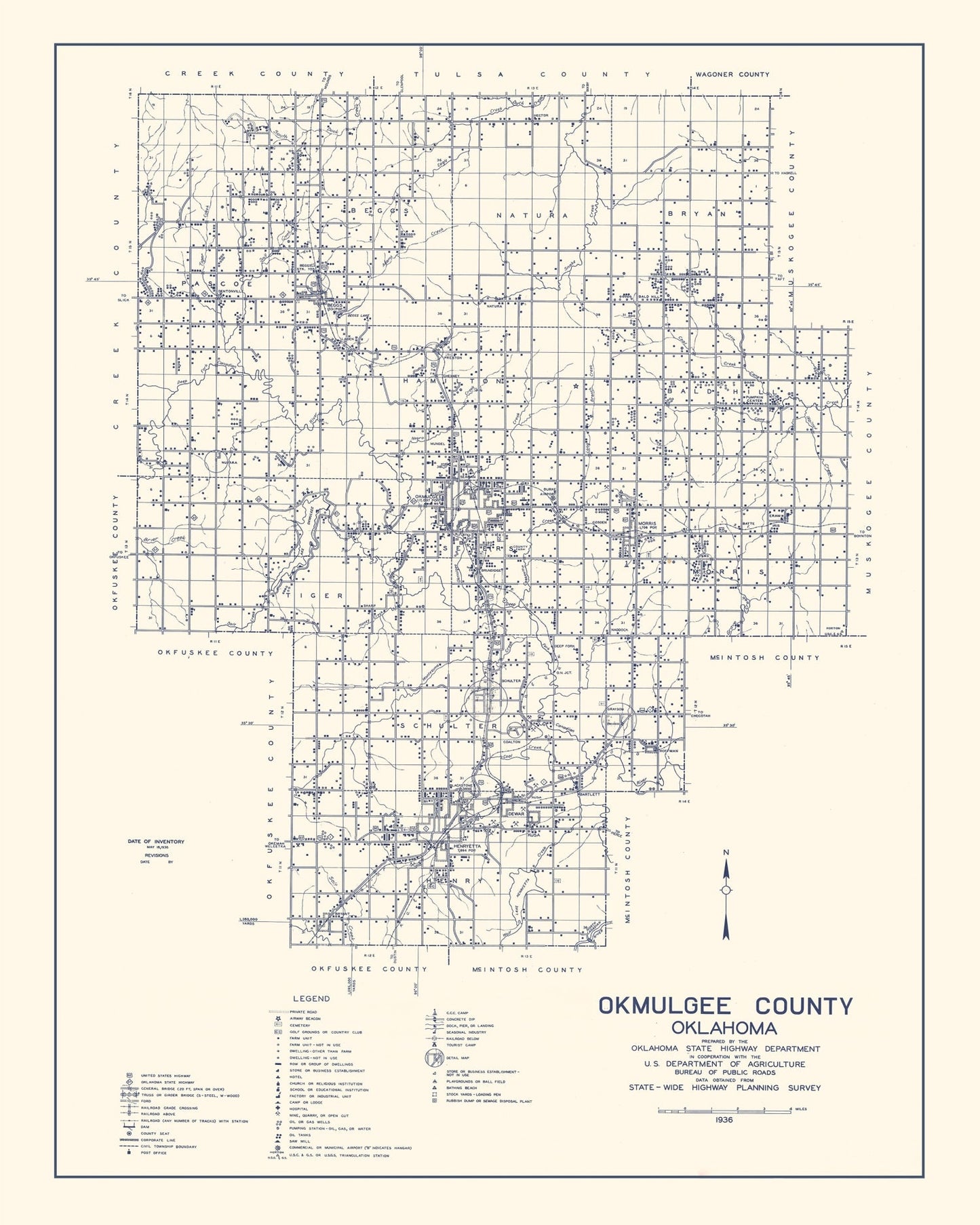 Vintage Map of Okmulgee County, Oklahoma, 1936