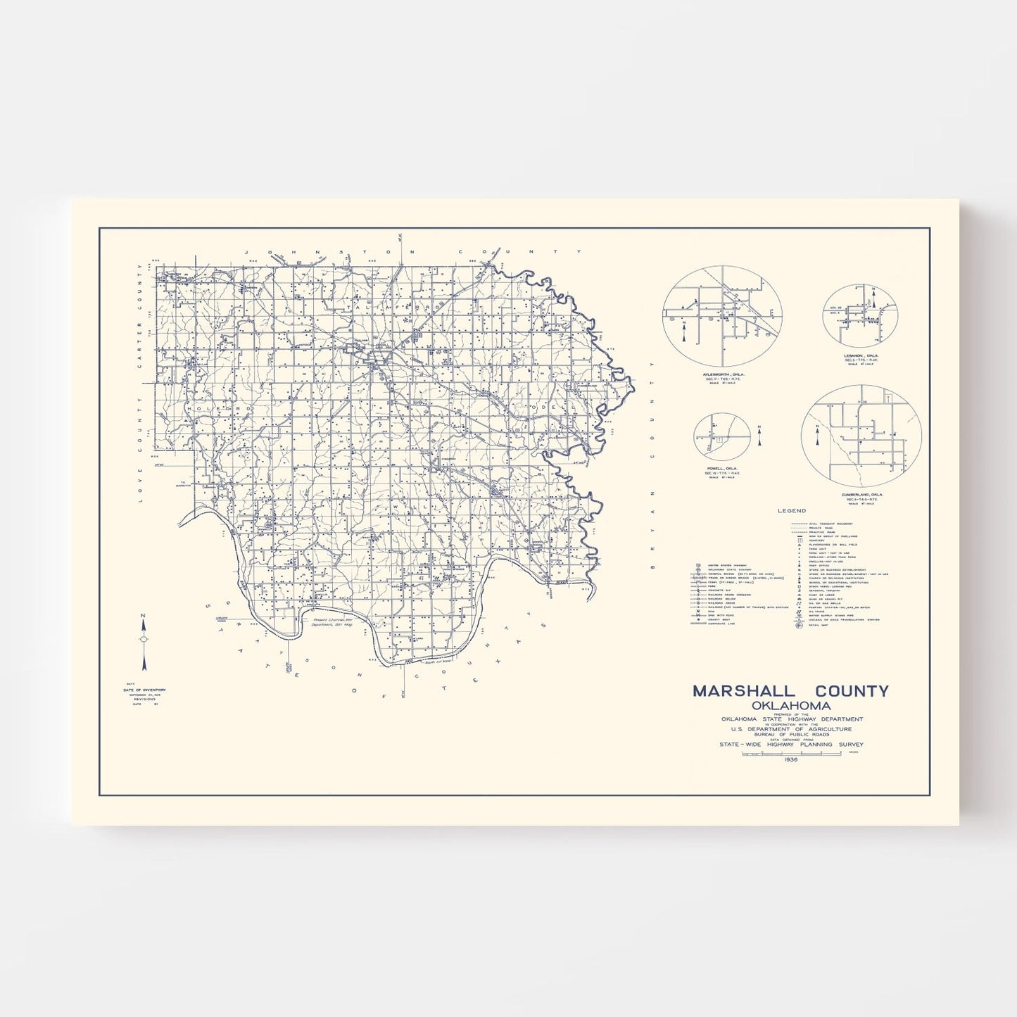Vintage Map of Marshall County, Oklahoma, 1936
