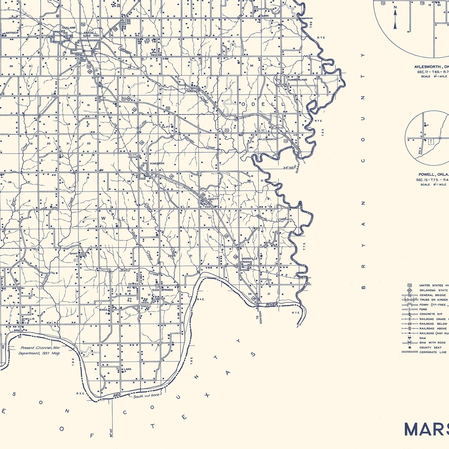 Vintage Map of Marshall County, Oklahoma, 1936