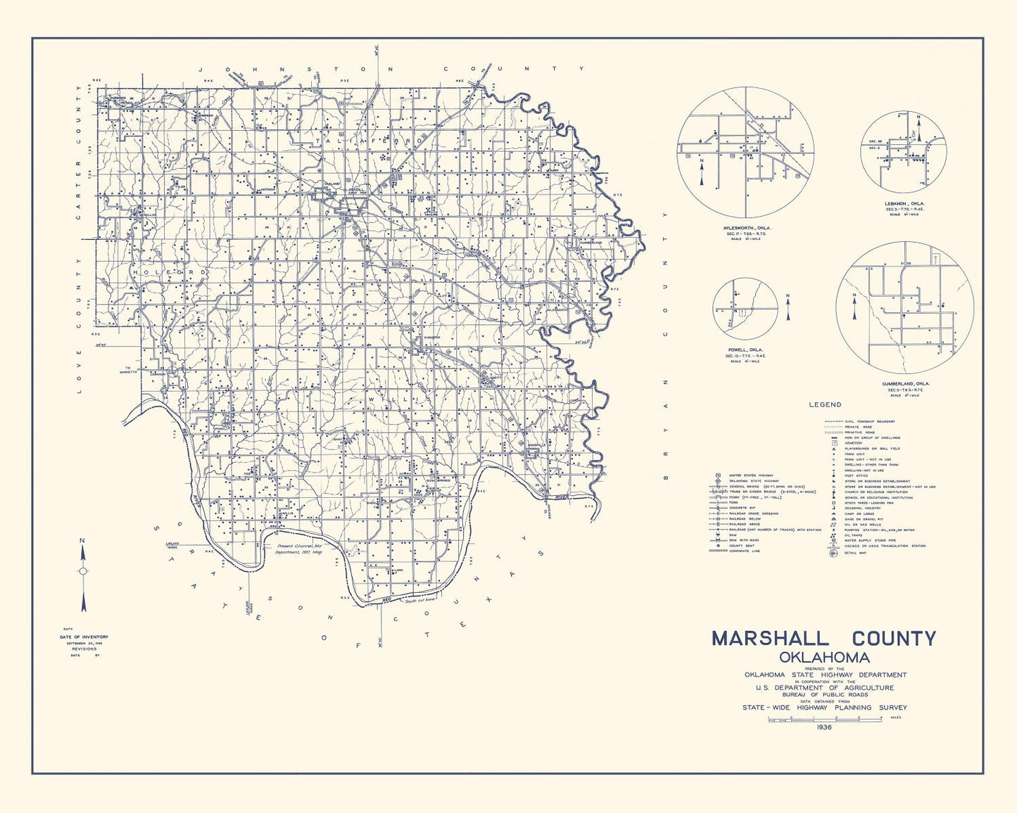 Vintage Map of Marshall County, Oklahoma, 1936