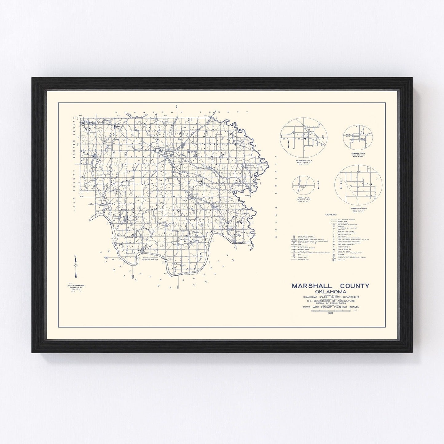 Vintage map of Marshall County, Oklahoma, 1936