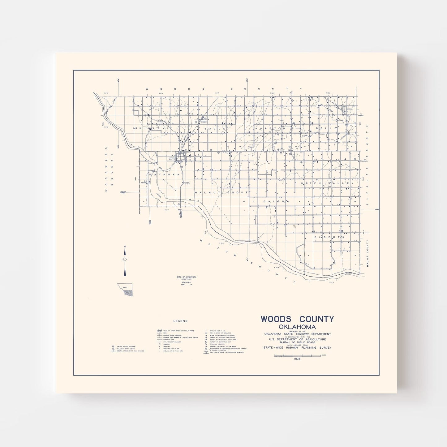 Vintage Map of Woods County, Oklahoma 1936 Wall Art