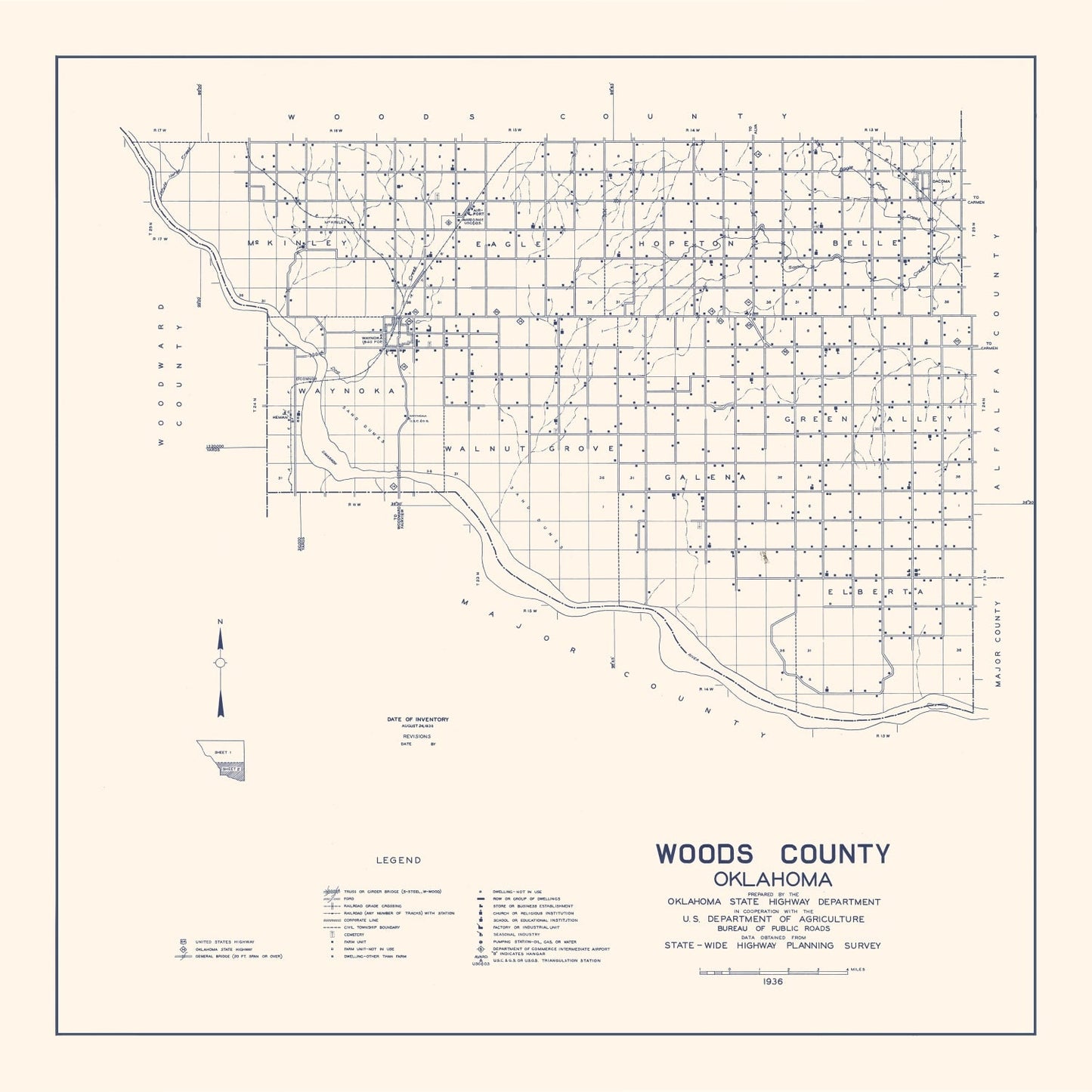 Vintage Map of Woods County, Oklahoma 1936 Wall Art