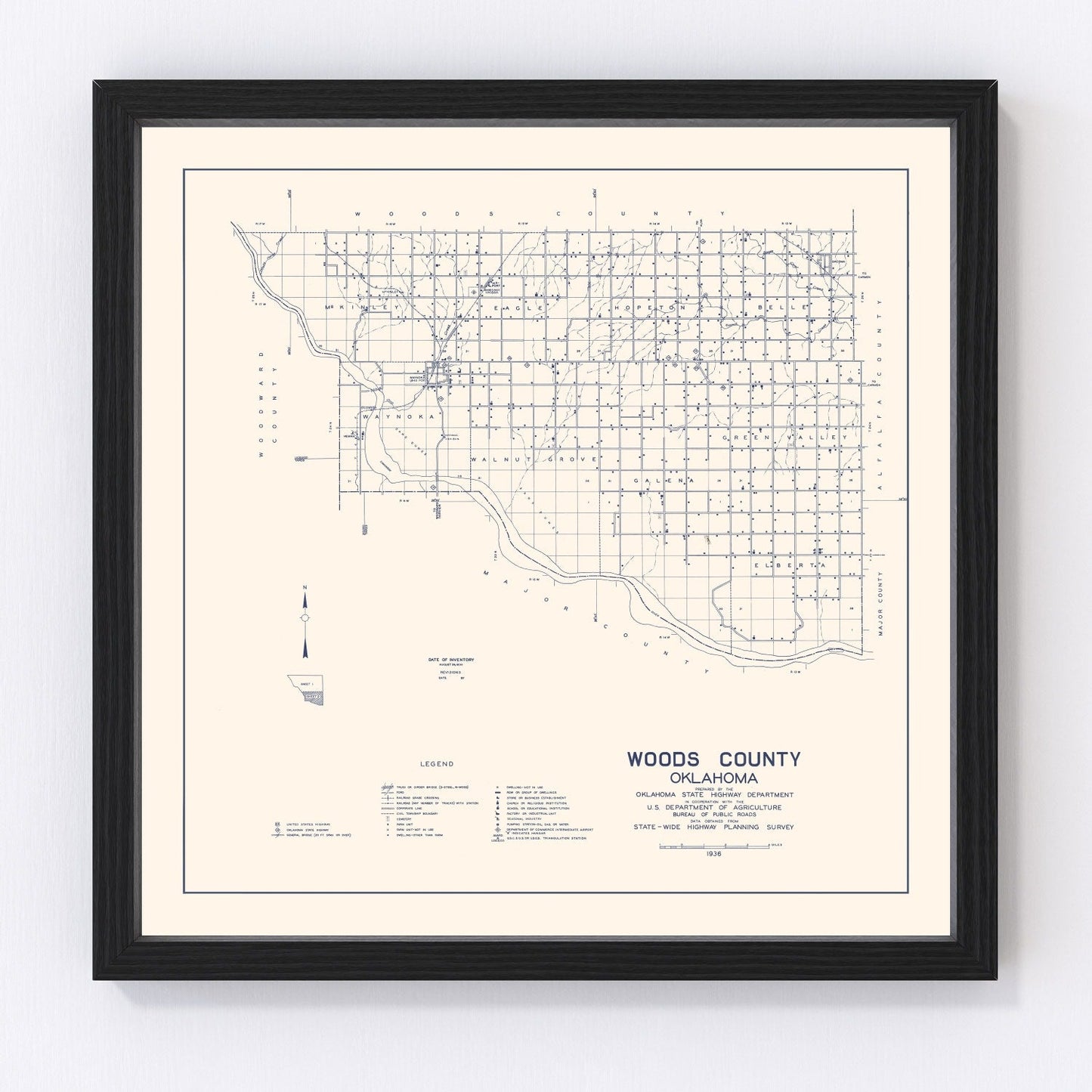 Vintage map of Woods County, Oklahoma, 1936, digitally restored print